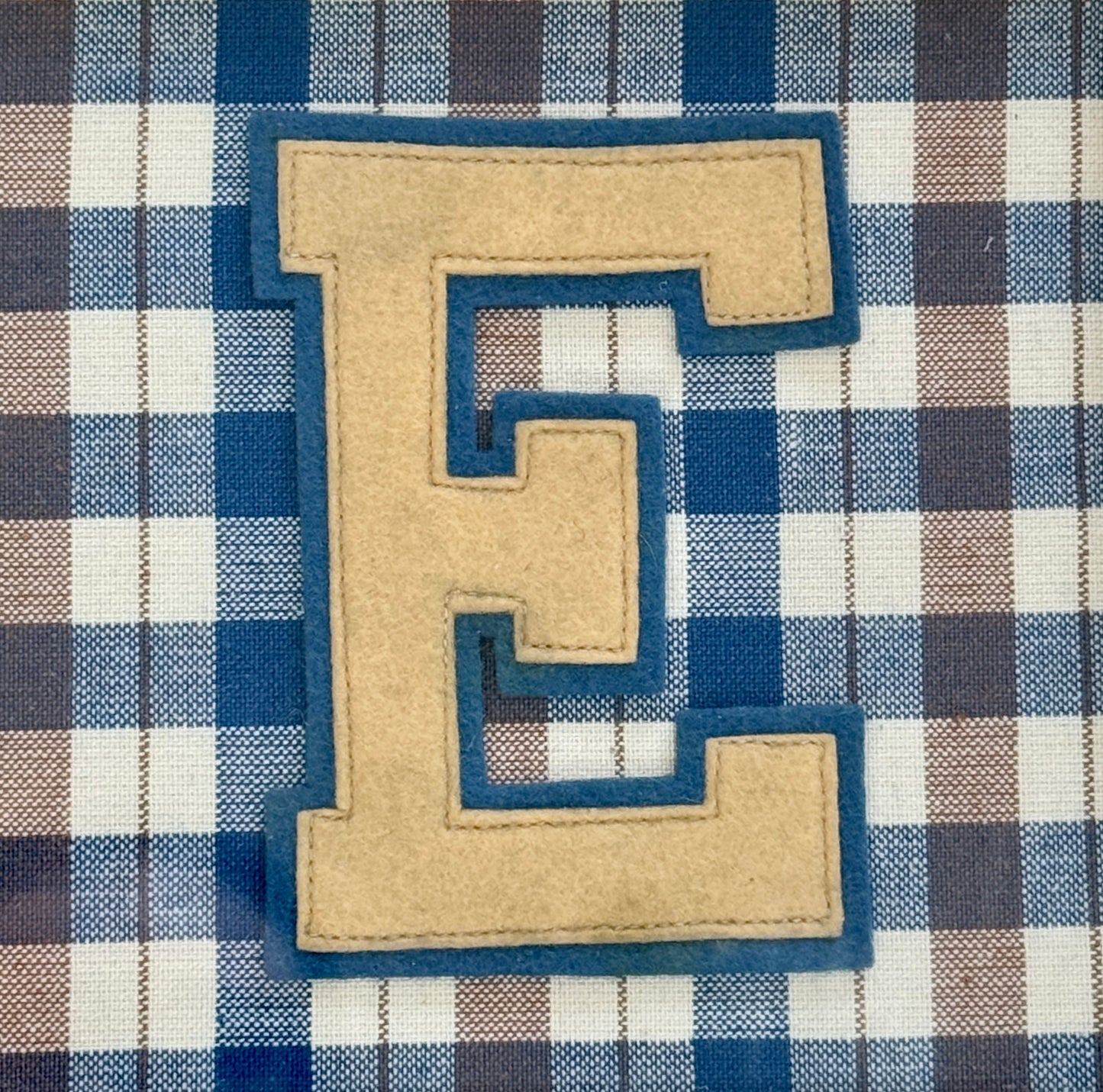 Vintage Varsity Letter Initial E on Plaid in Gold Frame