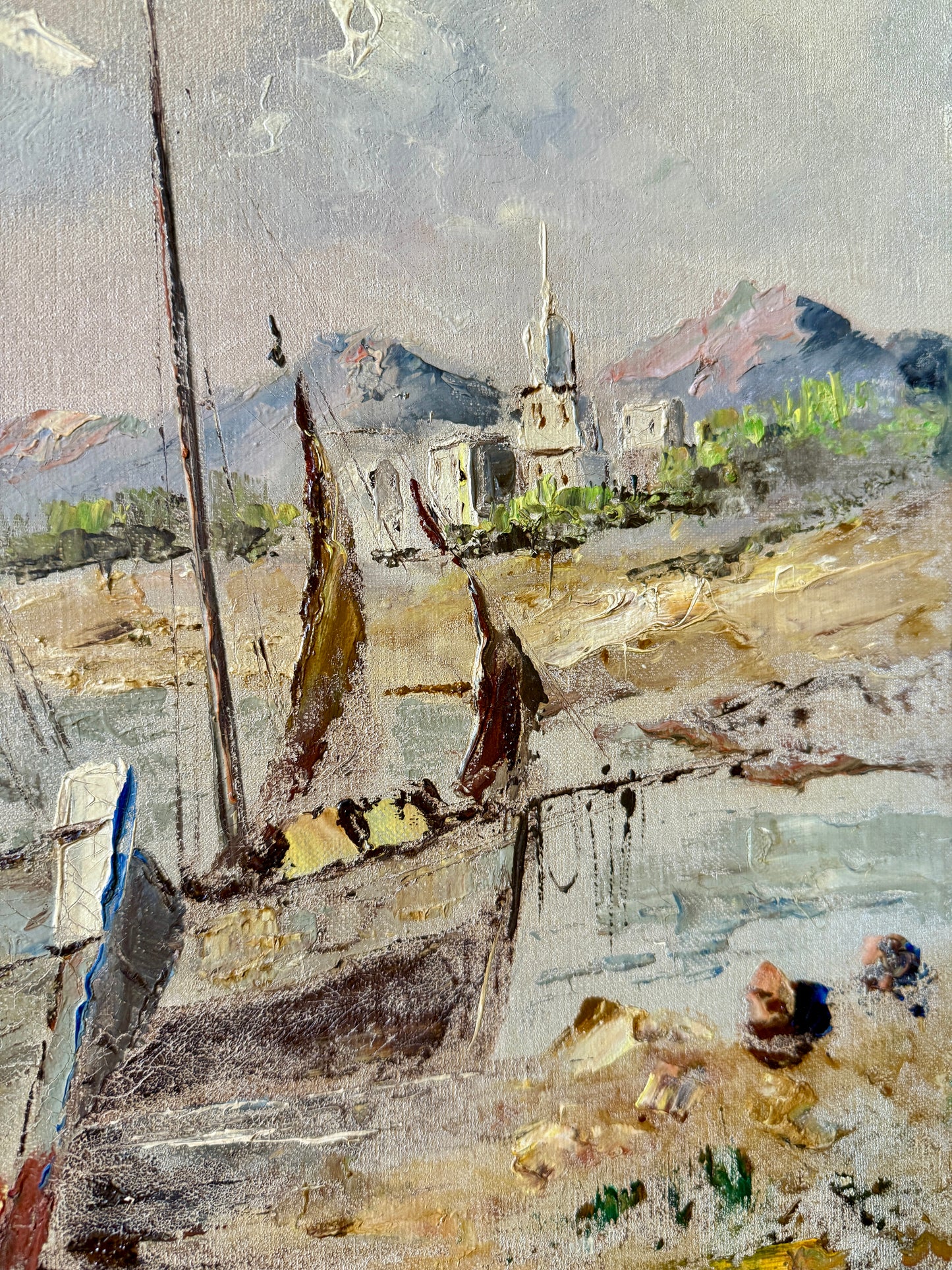 Mid Century Sailboats in Harbor Scene Oil Painting in Gold Frame