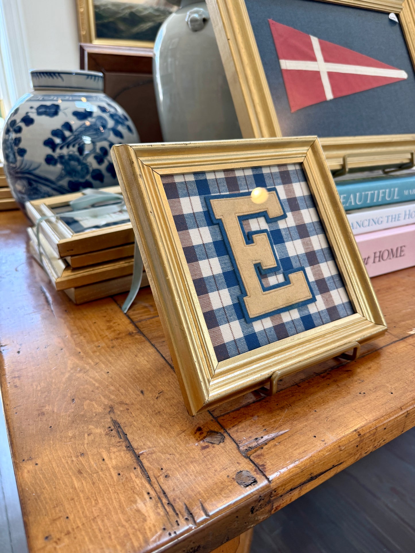 Vintage Varsity Letter Initial E on Plaid in Gold Frame