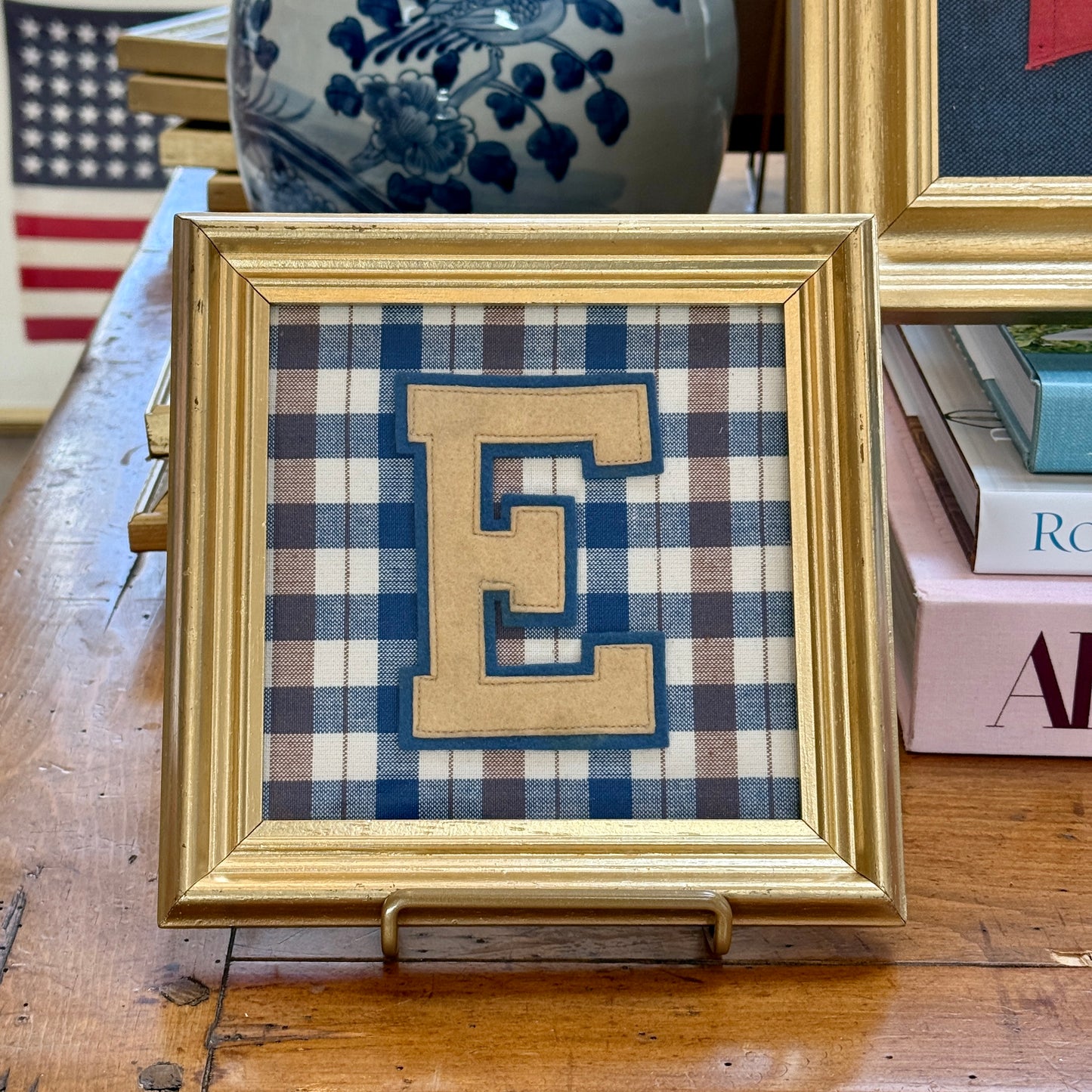 Vintage Varsity Letter Initial E on Plaid in Gold Frame