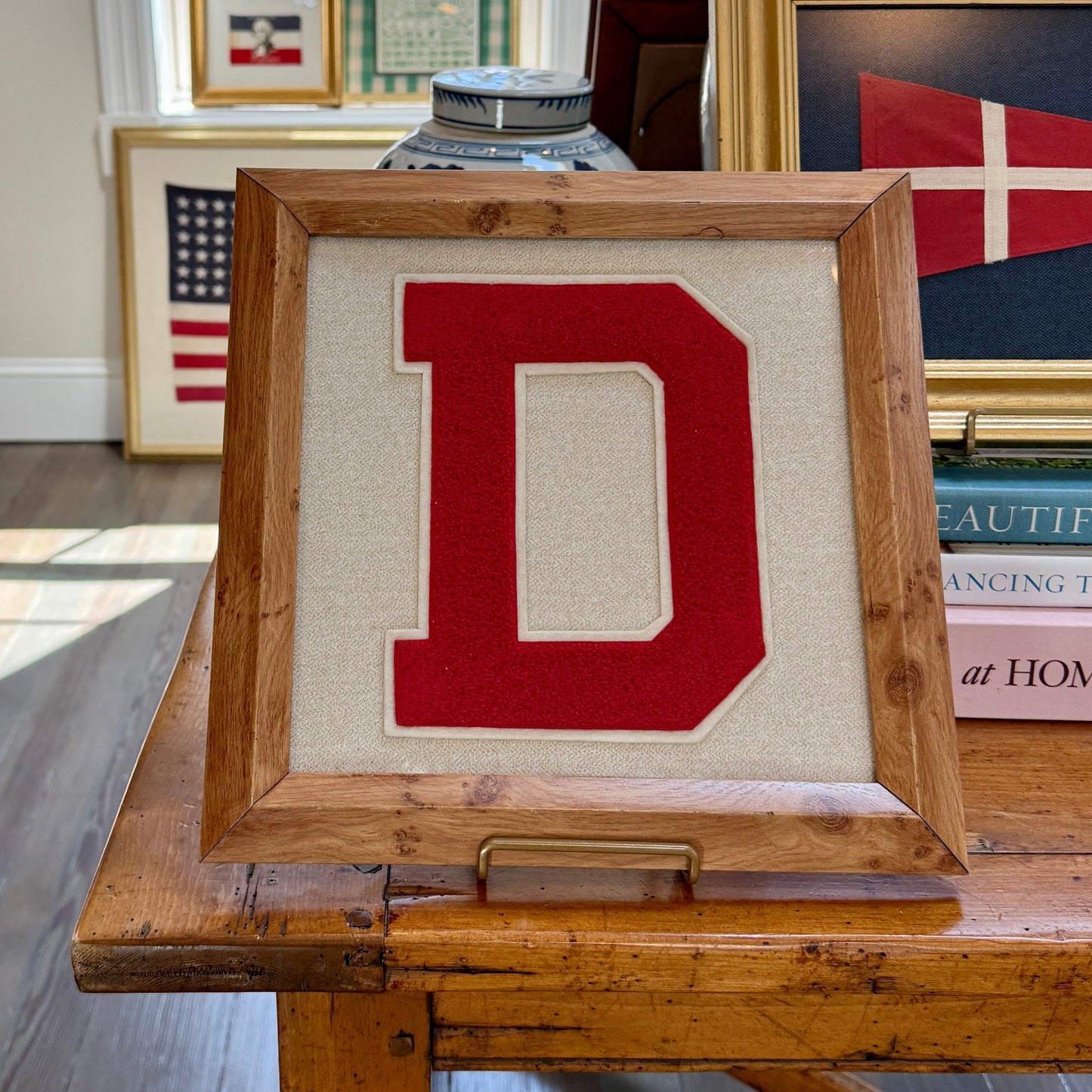 Vintage Large Varsity Letter Initial D on Ivory in Burlwood Frame