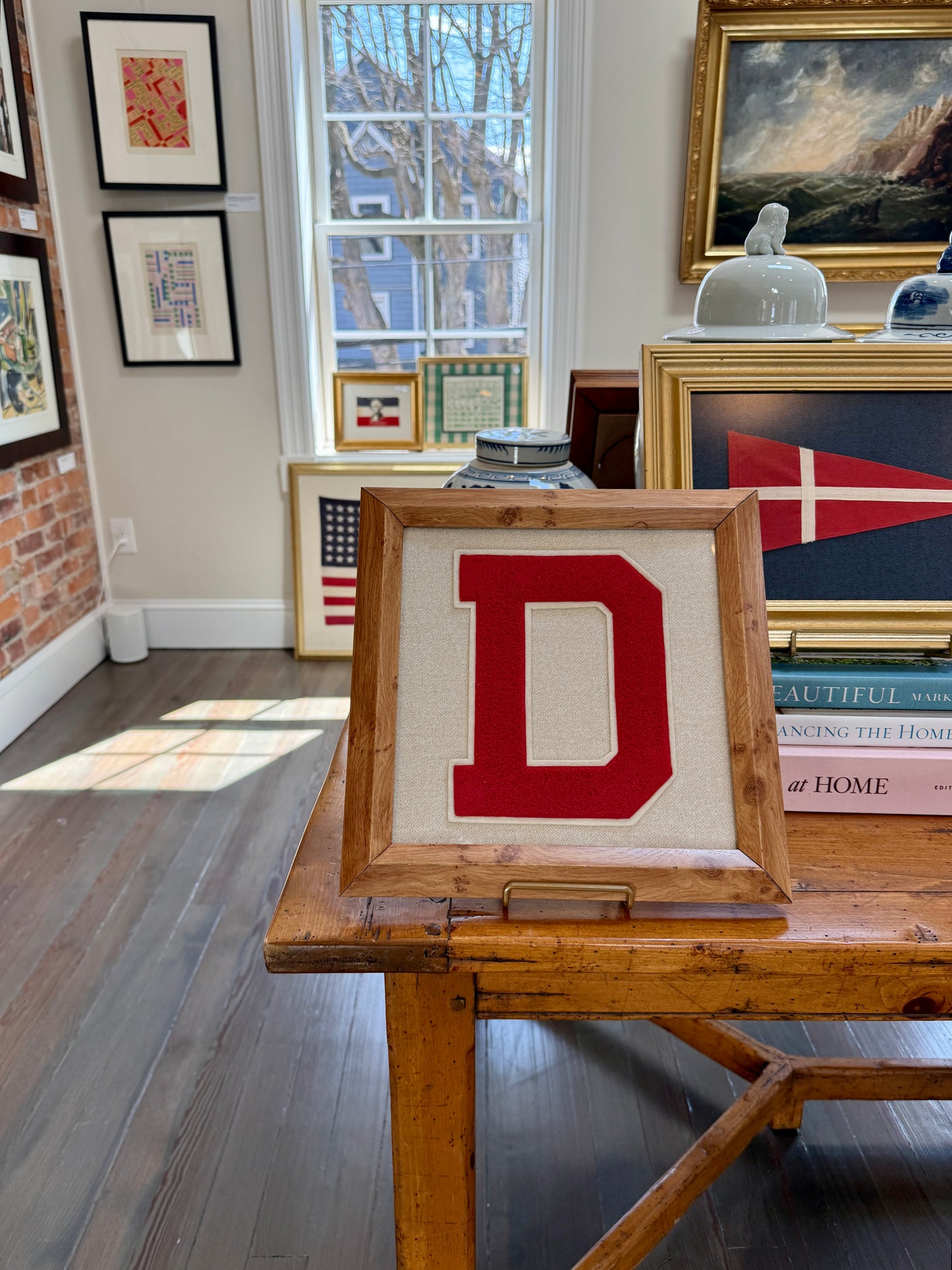 Vintage Large Varsity Letter Initial D on Ivory in Burlwood Frame