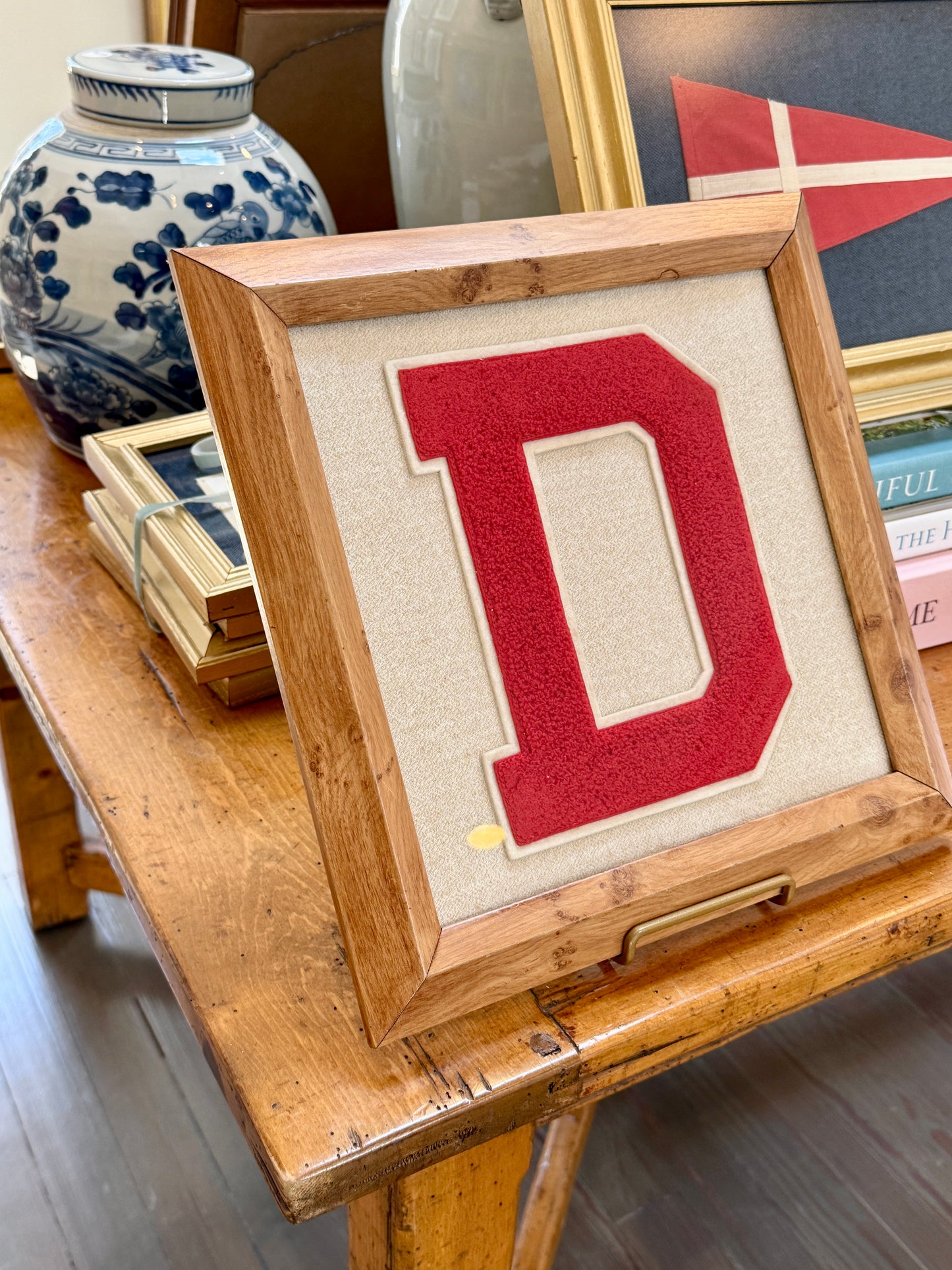 Vintage Large Varsity Letter Initial D on Ivory in Burlwood Frame