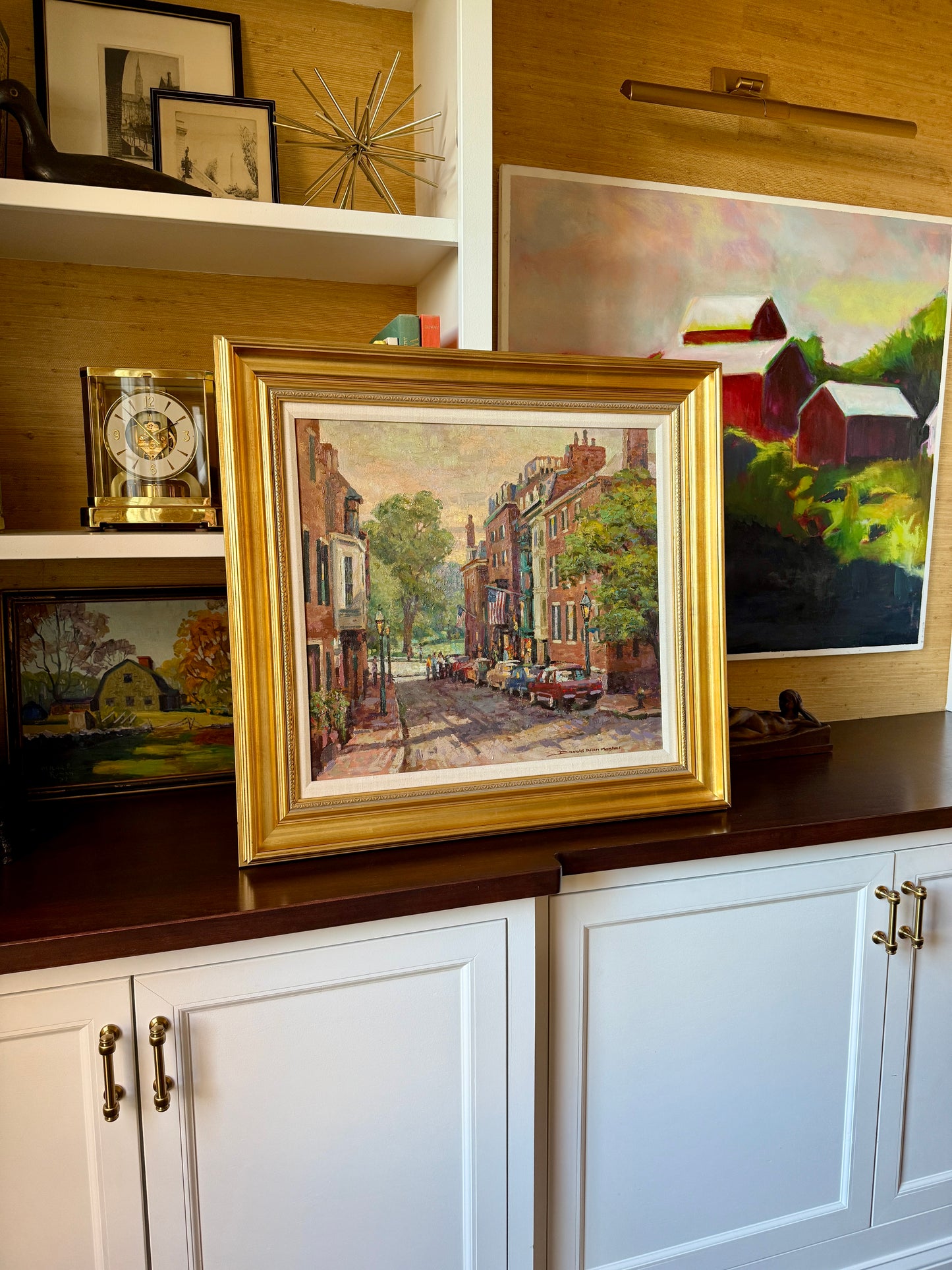 Donald Allen Mosher From Beacon Hill Boston Evening Street Scene Oil Painting in Gold Frame