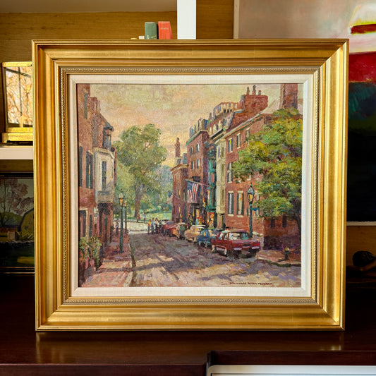 Donald Allen Mosher From Beacon Hill Boston Evening Street Scene Oil Painting in Gold Frame