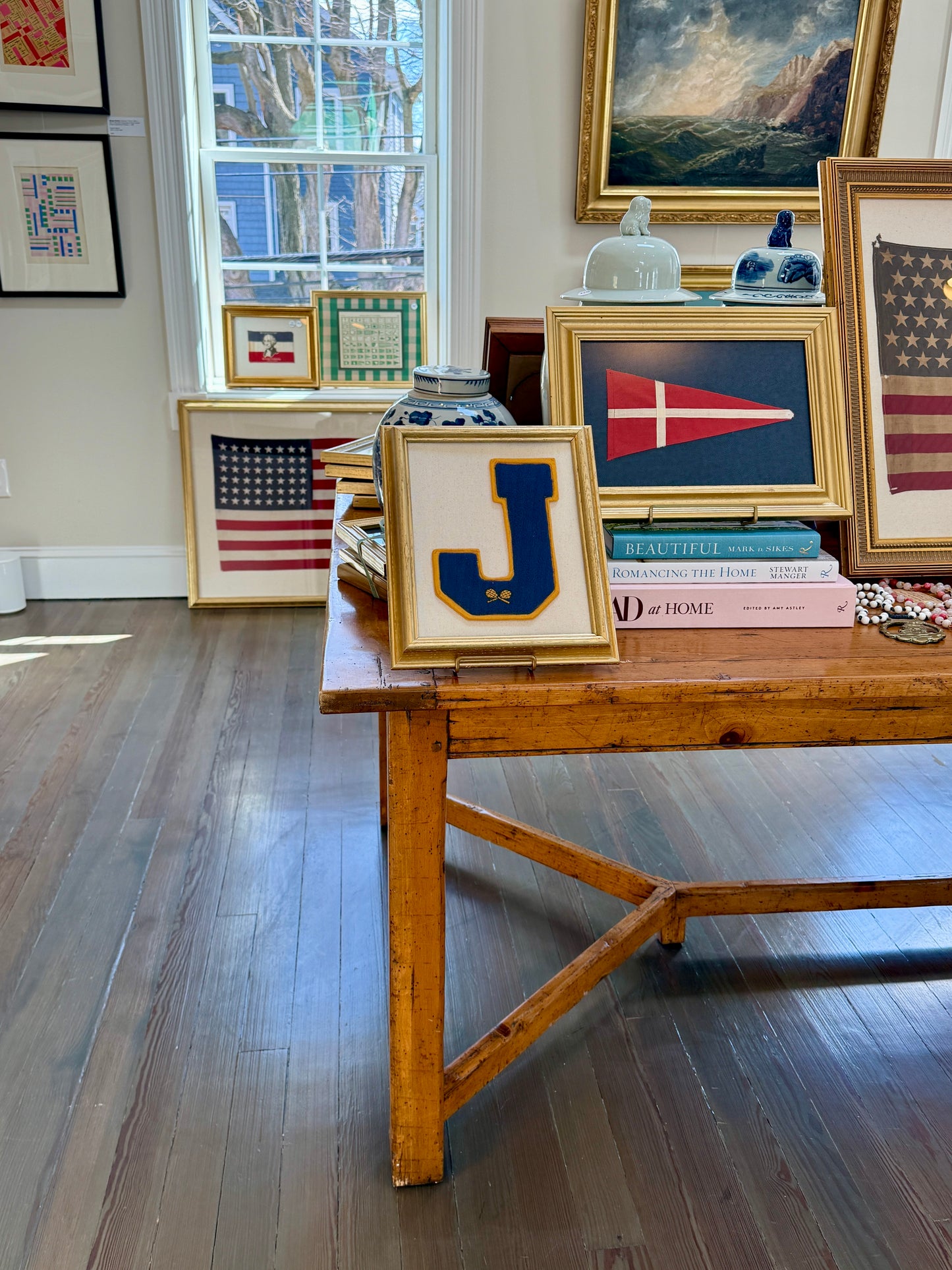 Vintage Blue and Gold Varsity Tennis Letter Initial J on Ivory Duck Cloth in Gold Frame