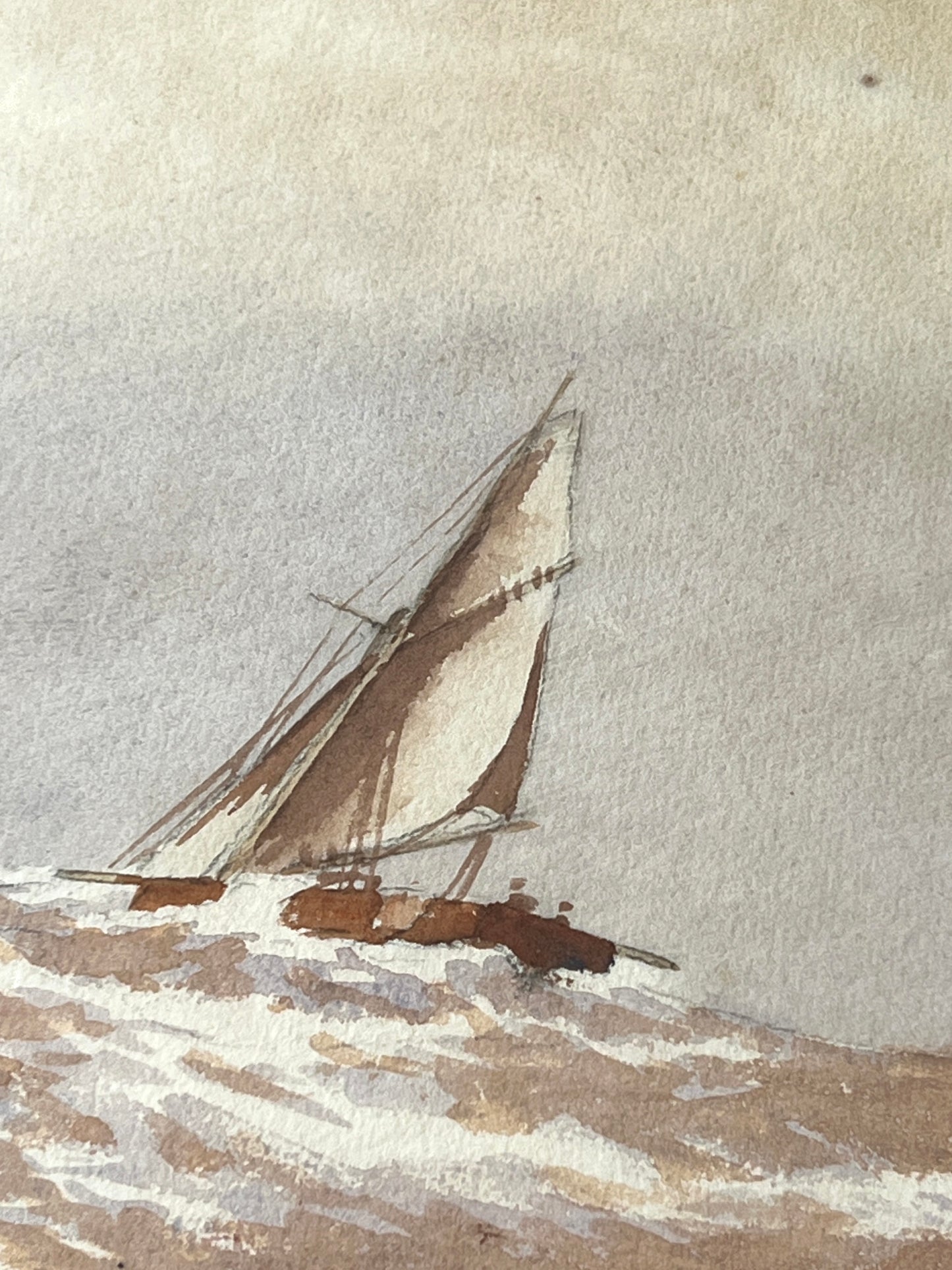 Early 20th Century Watercolor Sailboat Portrait Seascape in Gold Frame