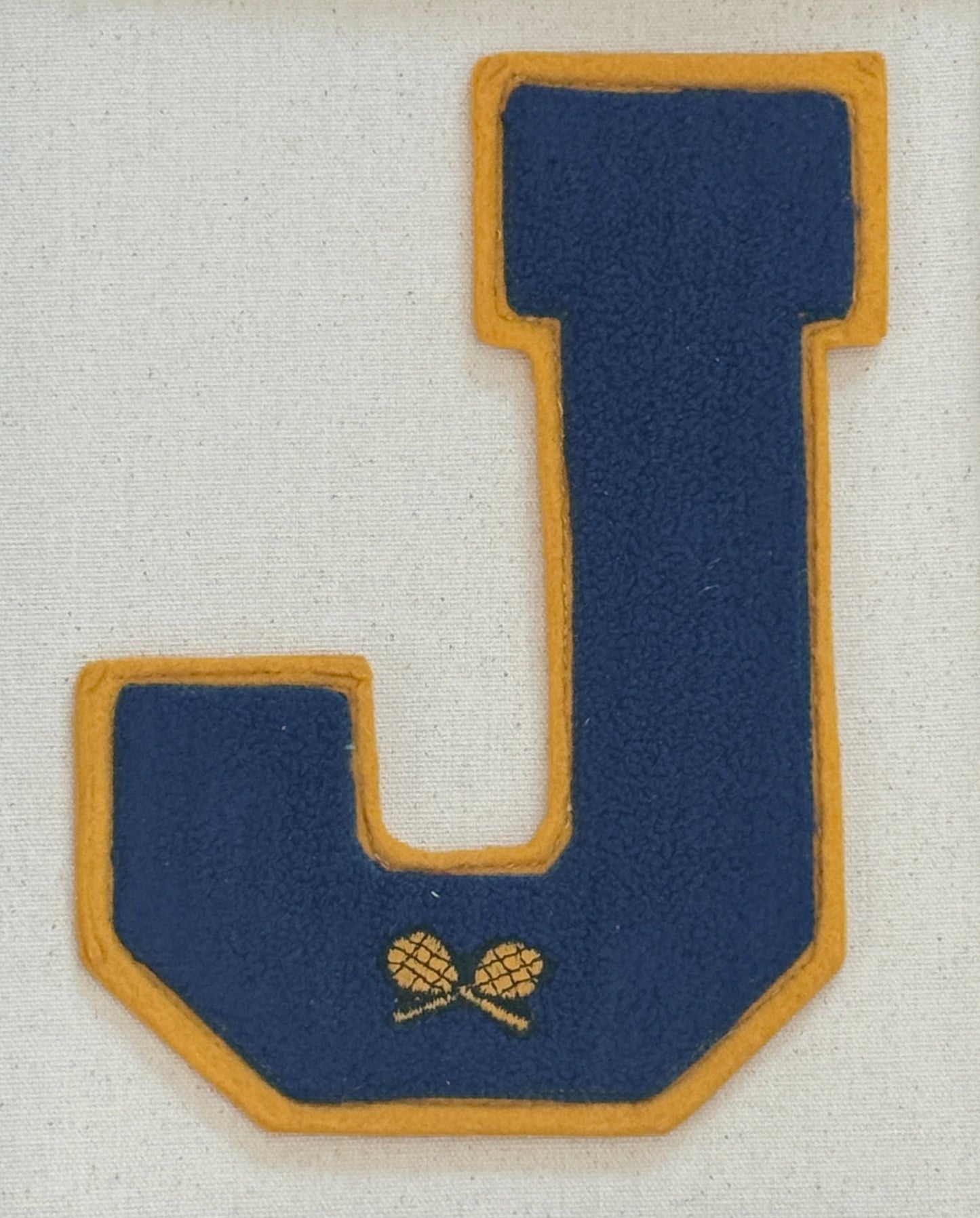 Vintage Blue and Gold Varsity Tennis Letter Initial J on Ivory Duck Cloth in Gold Frame