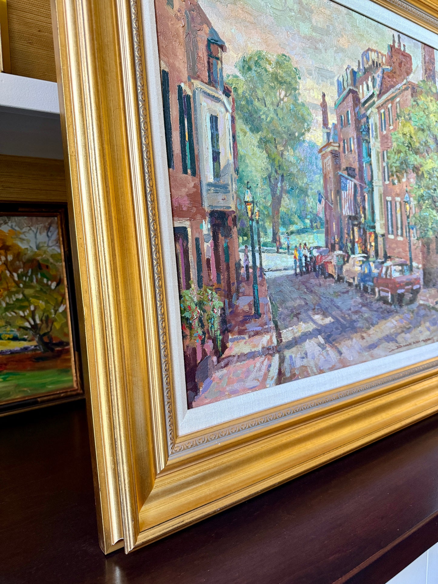 Donald Allen Mosher From Beacon Hill Boston Evening Street Scene Oil Painting in Gold Frame