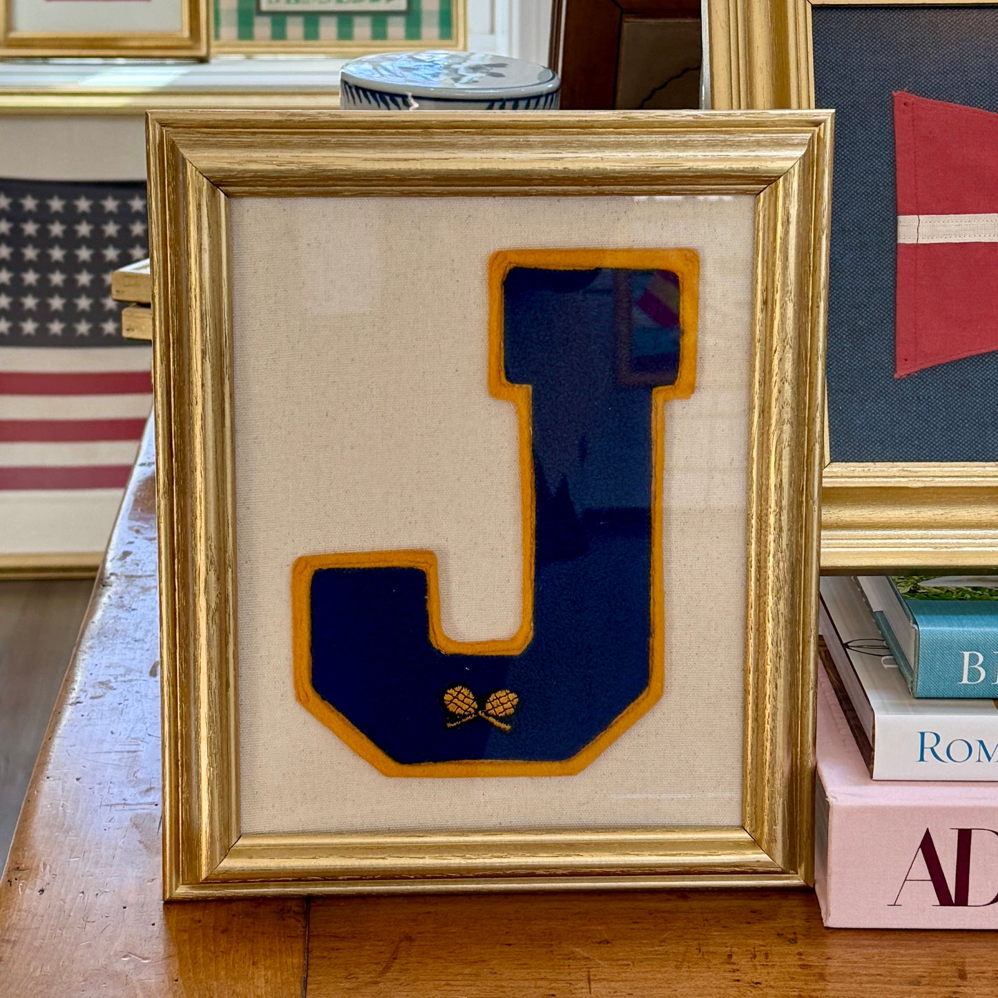Vintage Blue and Gold Varsity Tennis Letter Initial J on Ivory Duck Cloth in Gold Frame