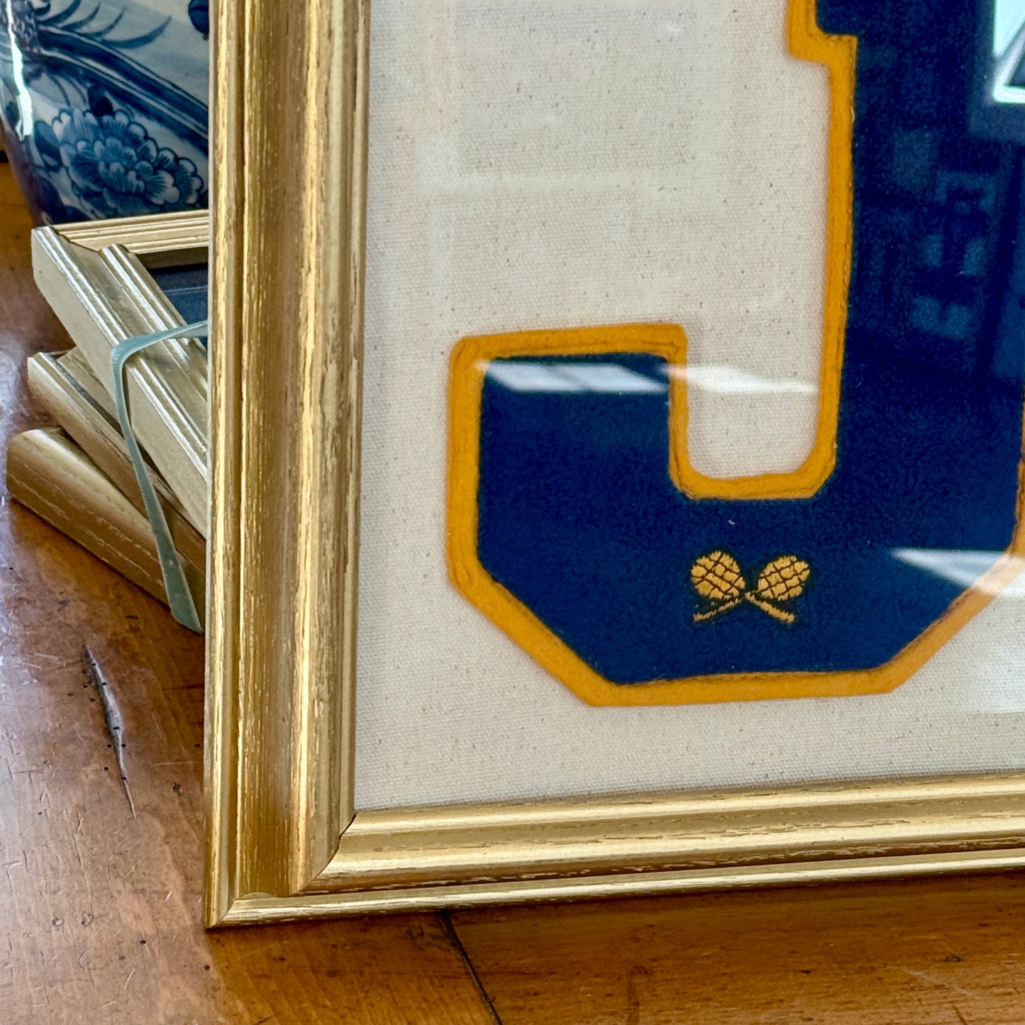 Vintage Blue and Gold Varsity Tennis Letter Initial J on Ivory Duck Cloth in Gold Frame