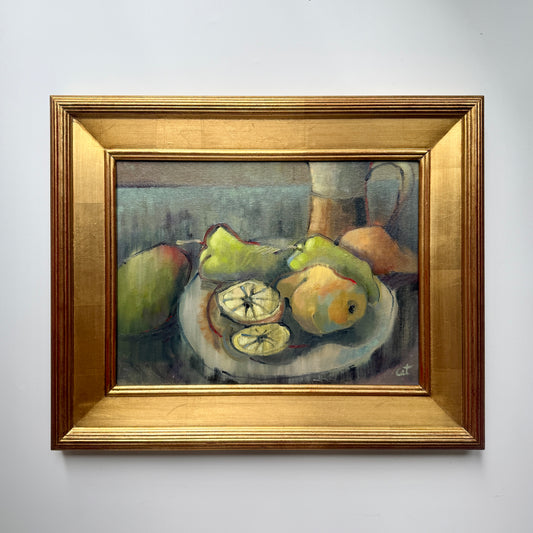 Nancy Catallo Expressionist Tabletop Still Life with Pears and Citrus Oil Painting in Gold Frame