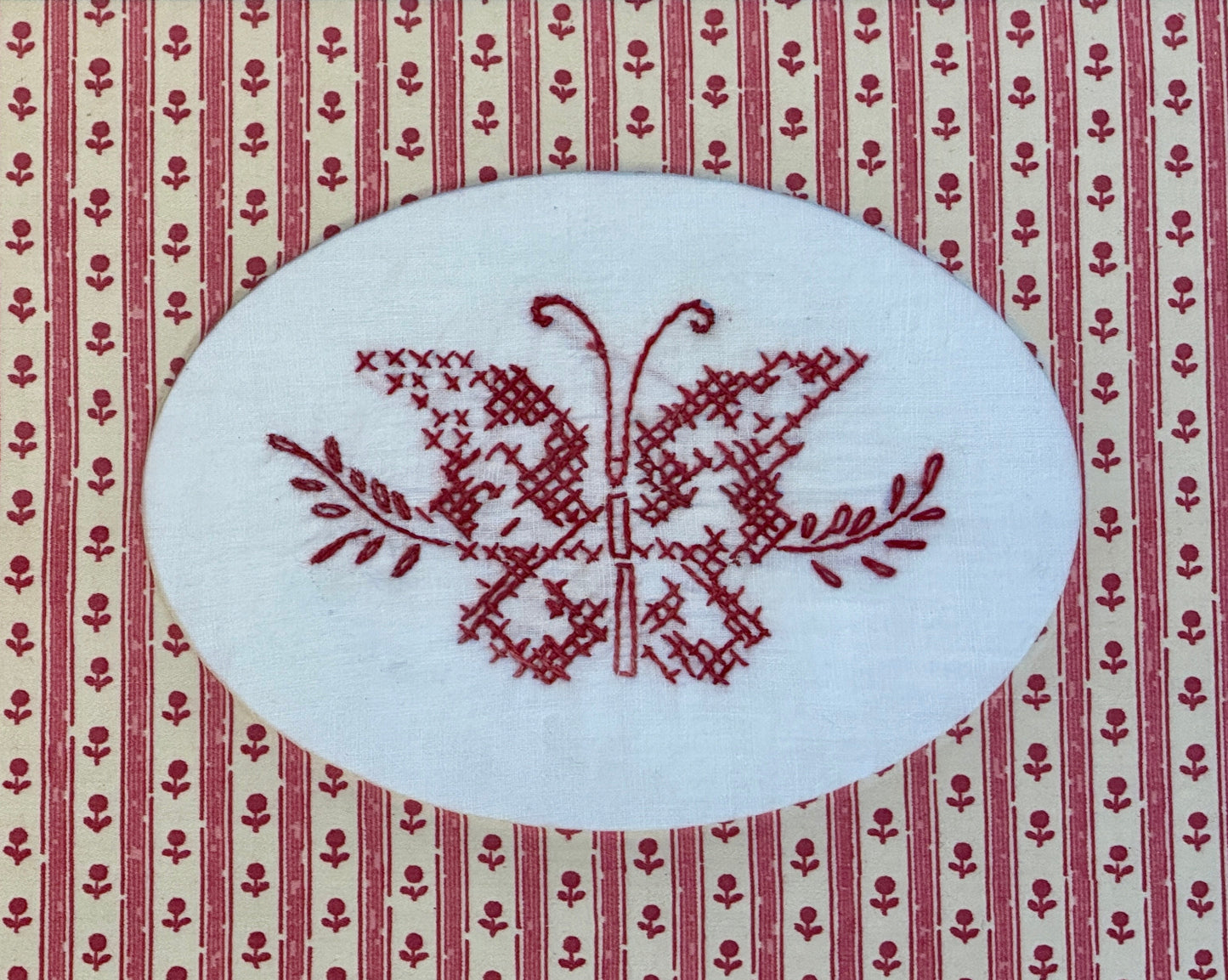 Antique Redwork Butterfly Embroidery on Pink Floral Brunschwig & Fils in Gold Frame