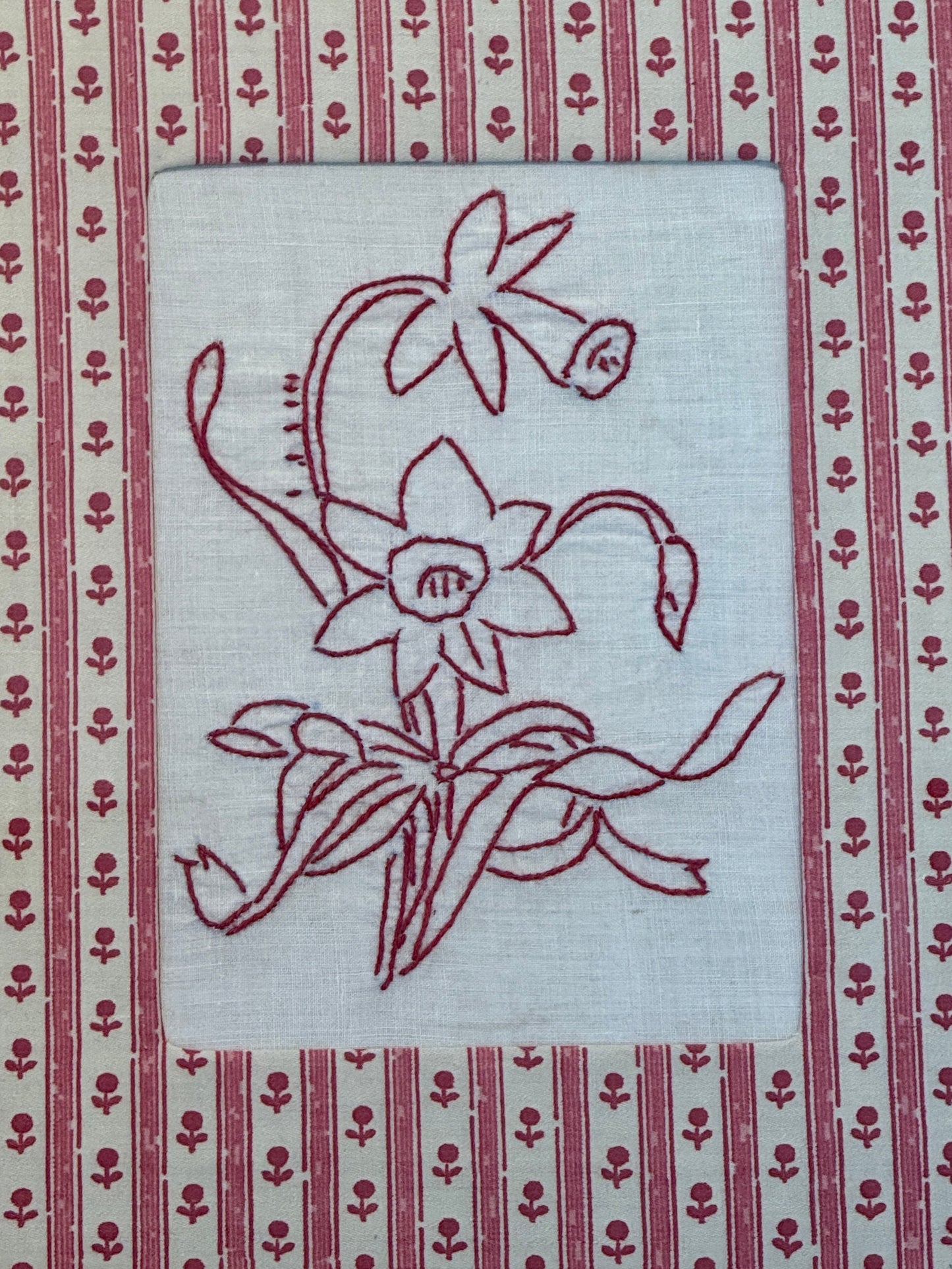 Antique Redwork Daffodil Embroidery on Pink Floral Brunschwig & Fils in Gold Frame