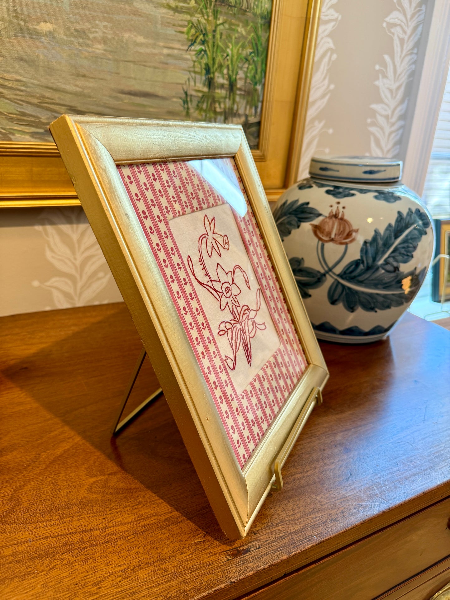 Antique Redwork Daffodil Embroidery on Pink Floral Brunschwig & Fils in Gold Frame