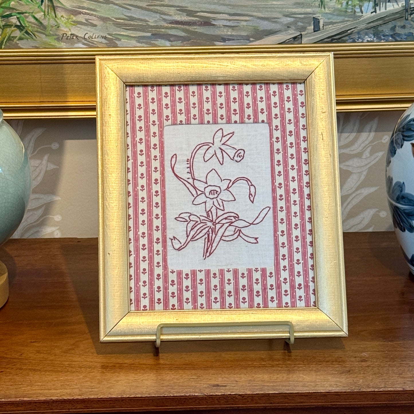Antique Redwork Daffodil Embroidery on Pink Floral Brunschwig & Fils in Gold Frame