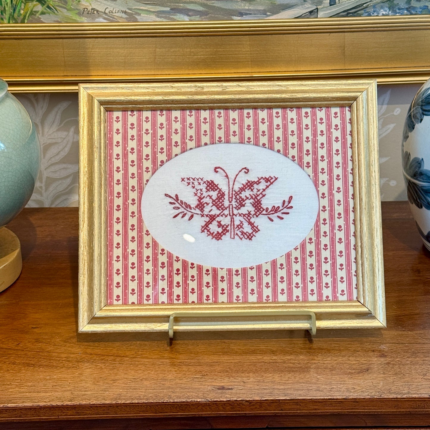 Antique Redwork Butterfly Embroidery on Pink Floral Brunschwig & Fils in Gold Frame