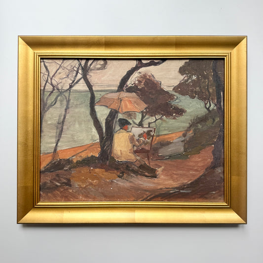 Early 20th Century French Plein Air Arist at His Easel Coastal Landscape Oil Painting in Gold Frame