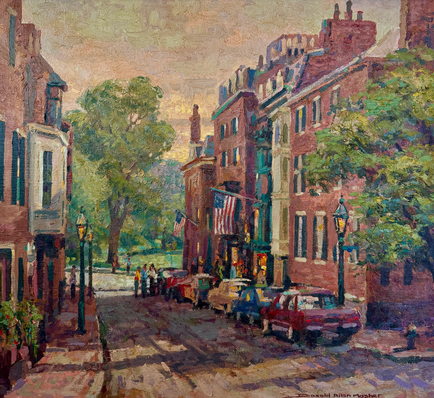 Donald Allen Mosher From Beacon Hill Boston Evening Street Scene Oil Painting in Gold Frame