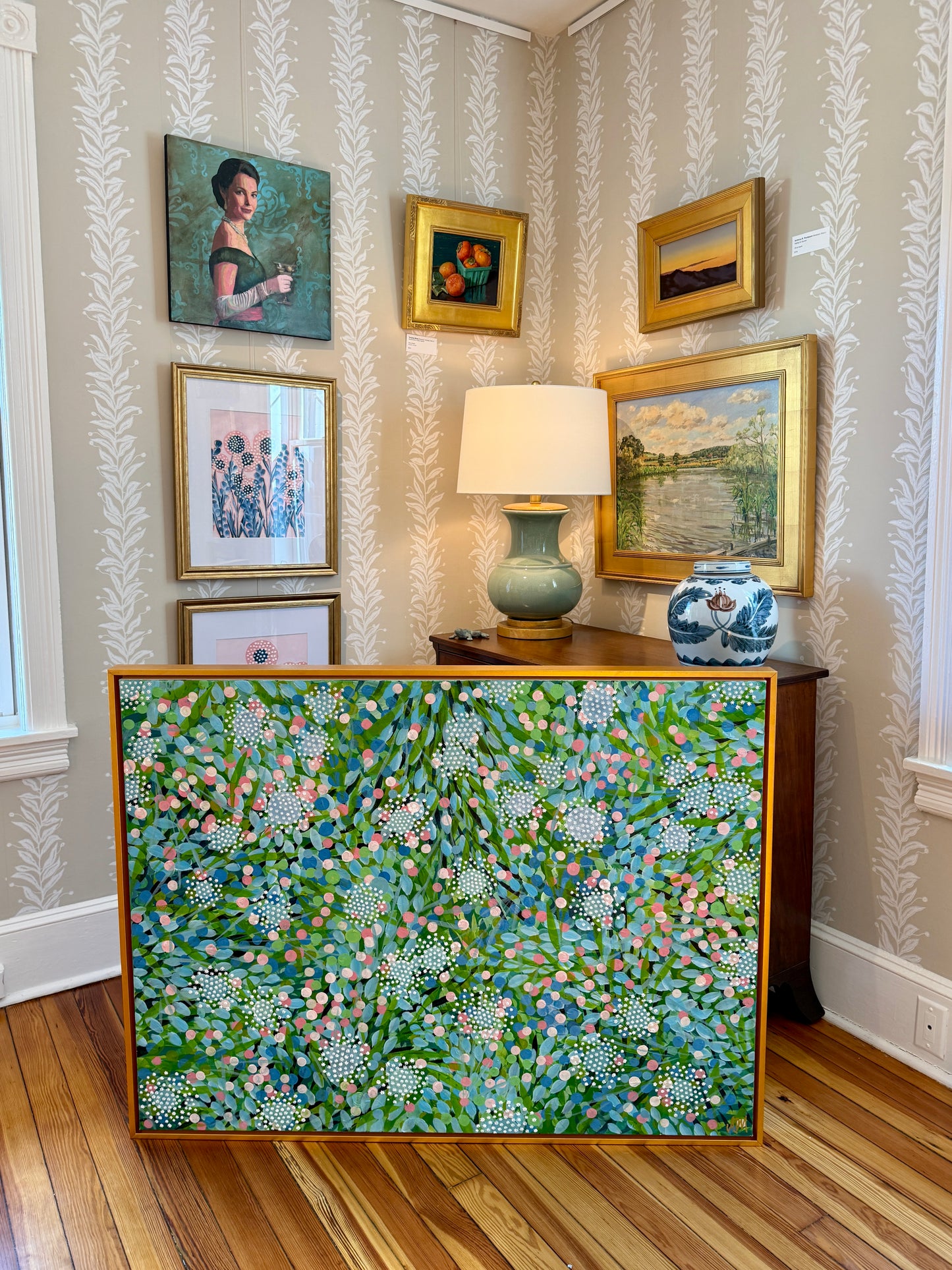 Alison Diamond McElroy Beginnings Abstract Floral Painting in Gold Frame