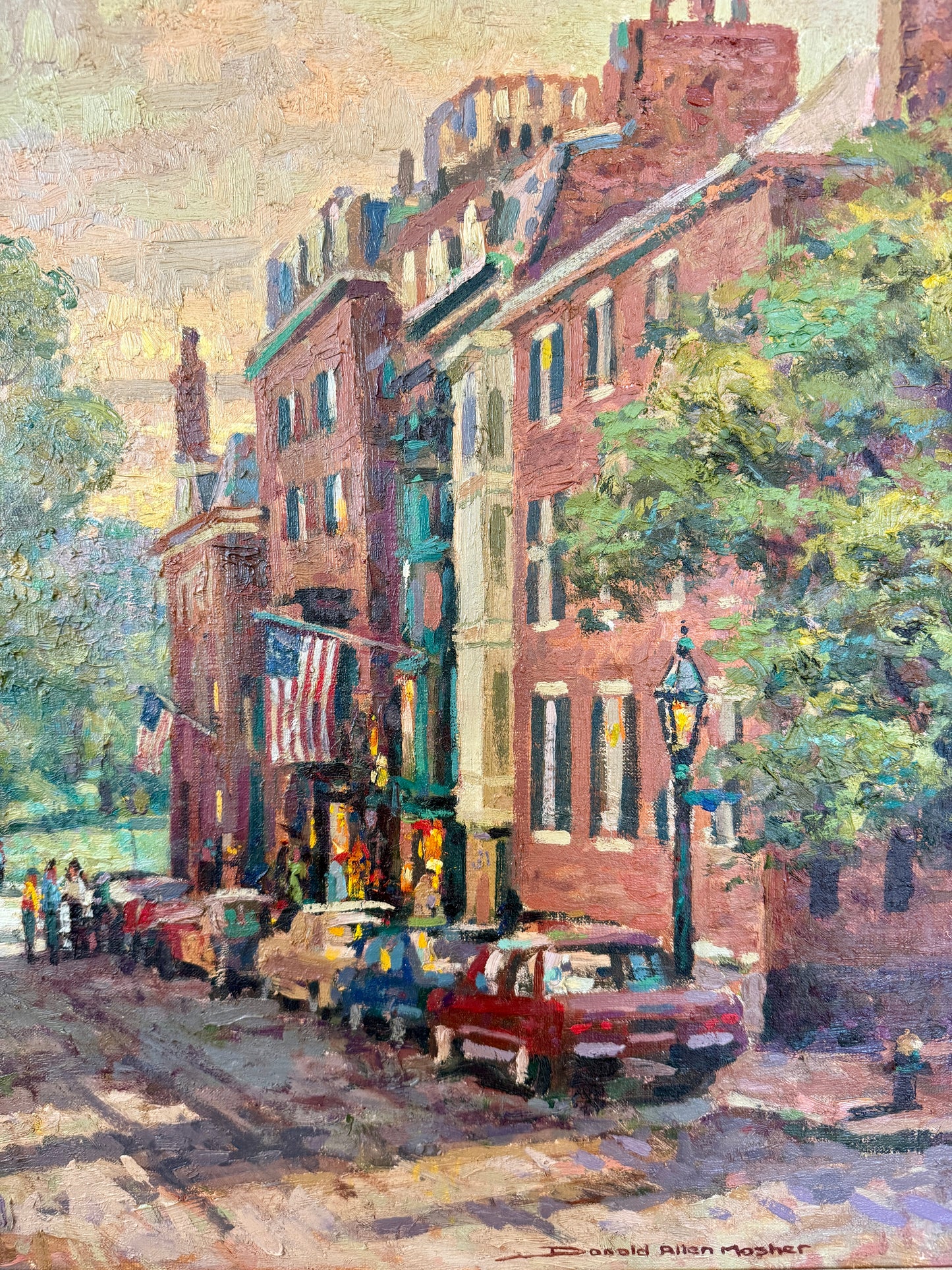 Donald Allen Mosher From Beacon Hill Boston Evening Street Scene Oil Painting in Gold Frame