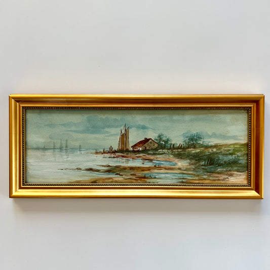 19th Century Sailboats and Sea Cottage Seascape Watercolor Painting in Gold Frame