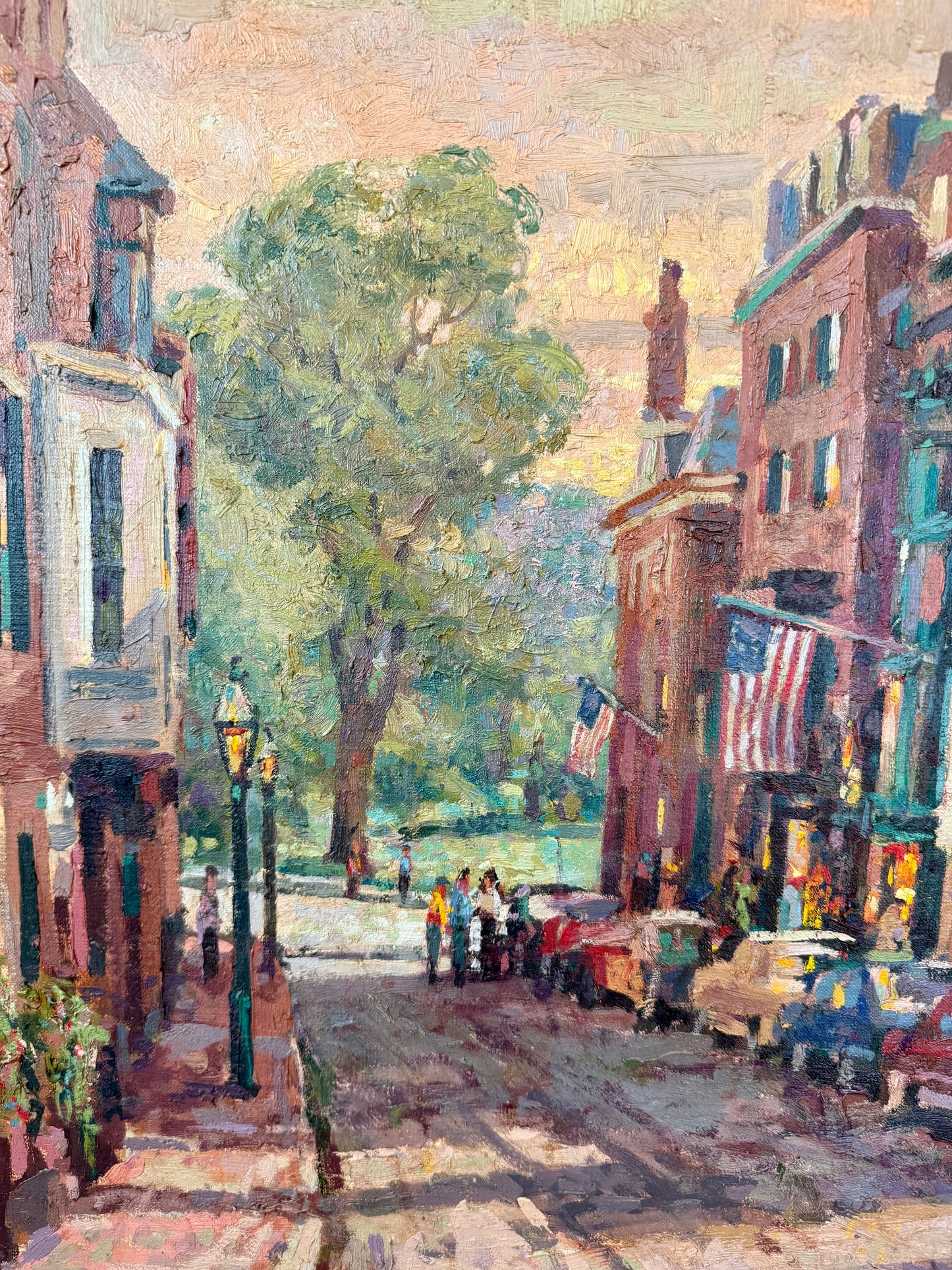 Donald Allen Mosher From Beacon Hill Boston Evening Street Scene Oil Painting in Gold Frame