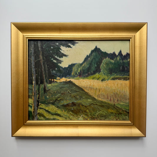 Vintage Golden Field Through Forest Landscape Oil Painting in Gold Frame