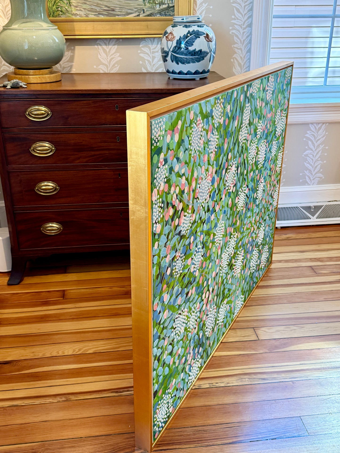 Alison Diamond McElroy Beginnings Abstract Floral Painting in Gold Frame