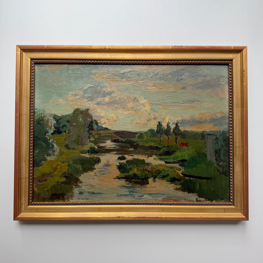 Yvonne Mareschal French Waterside Landscape with Horse Oil Painting in Gold Frame