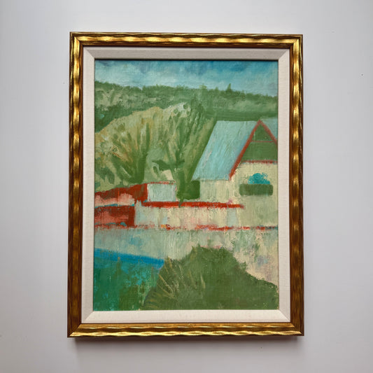 Vintage Modernist Colorful Blue and Green Houses in Wavy Gold Frame