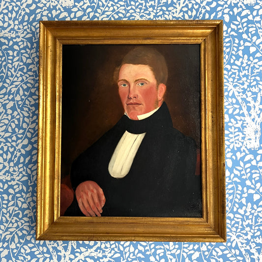 19th Century American Folk Portrait of a Young Man Oil Painting in Original Gold Frame