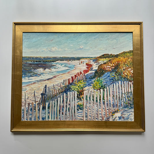 Edmund Jordan Coastal Beach Walkers Cape May Seascape Oil Painting in Gold Frame