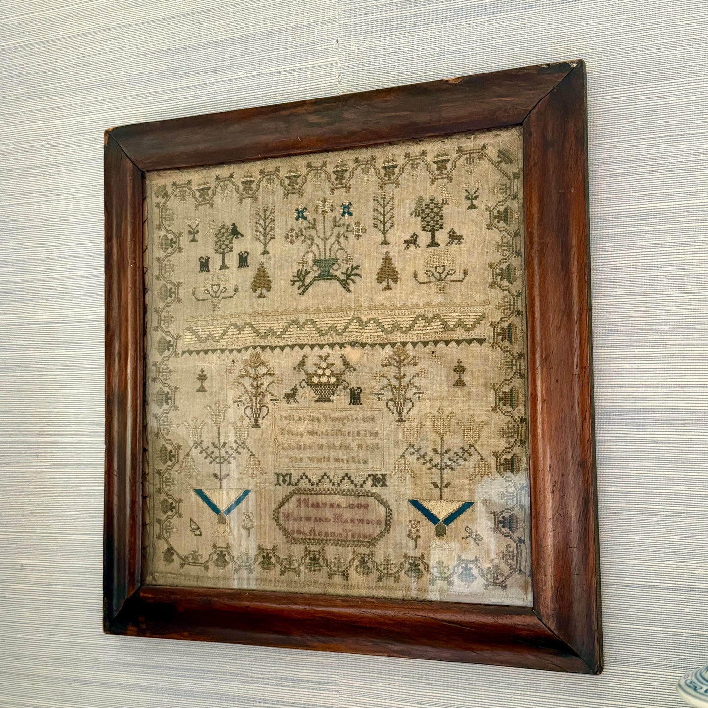 Late 18th - Early 19th Century Silk on Linen English Sampler in Wood Frame