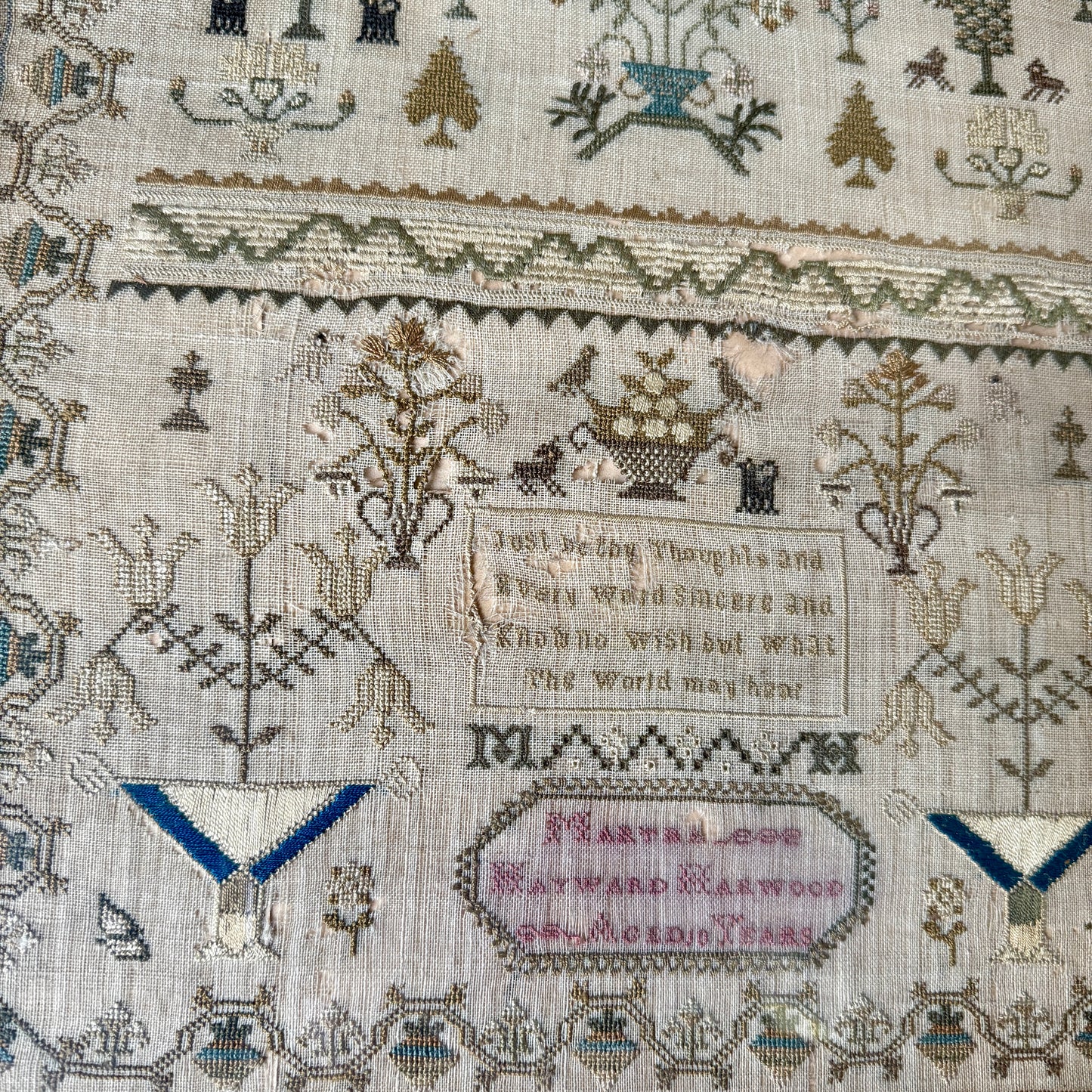 Late 18th - Early 19th Century Silk on Linen English Sampler in Wood Frame