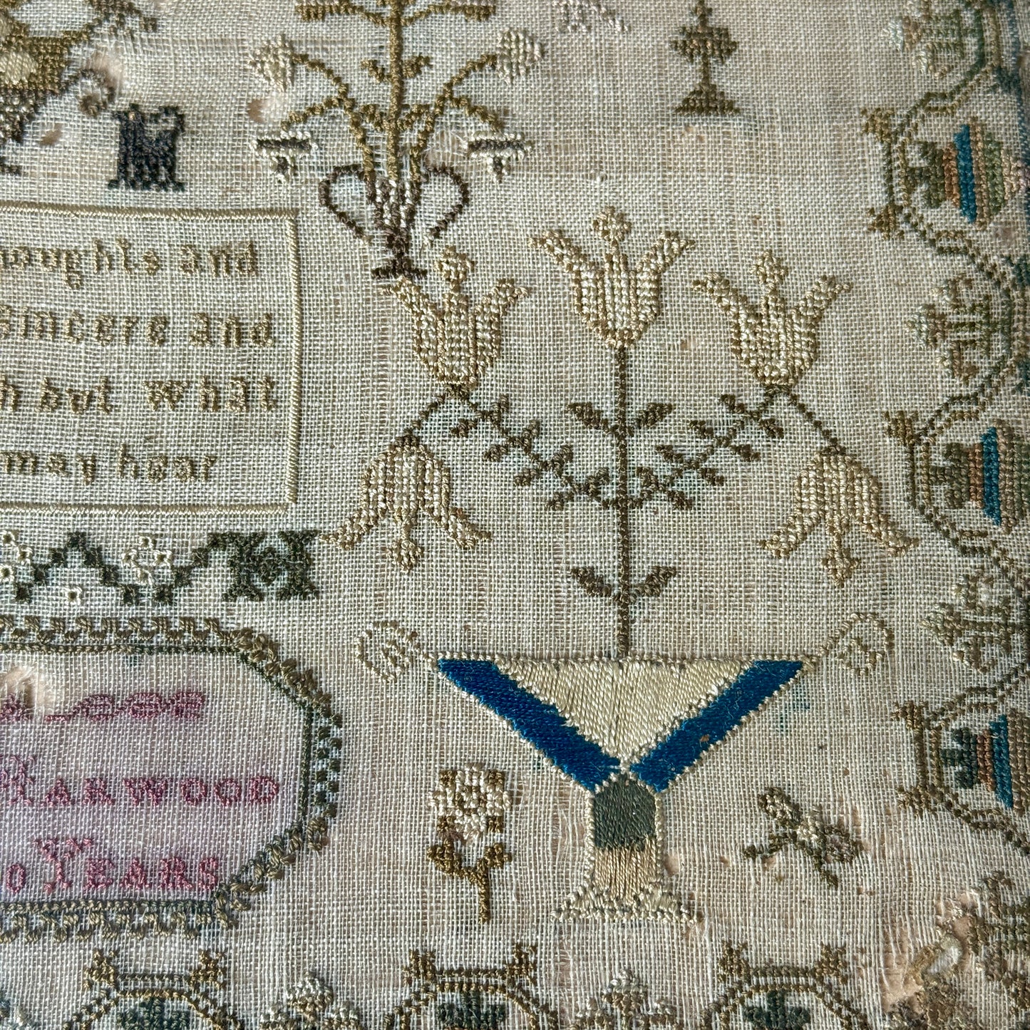 Late 18th - Early 19th Century Silk on Linen English Sampler in Wood Frame