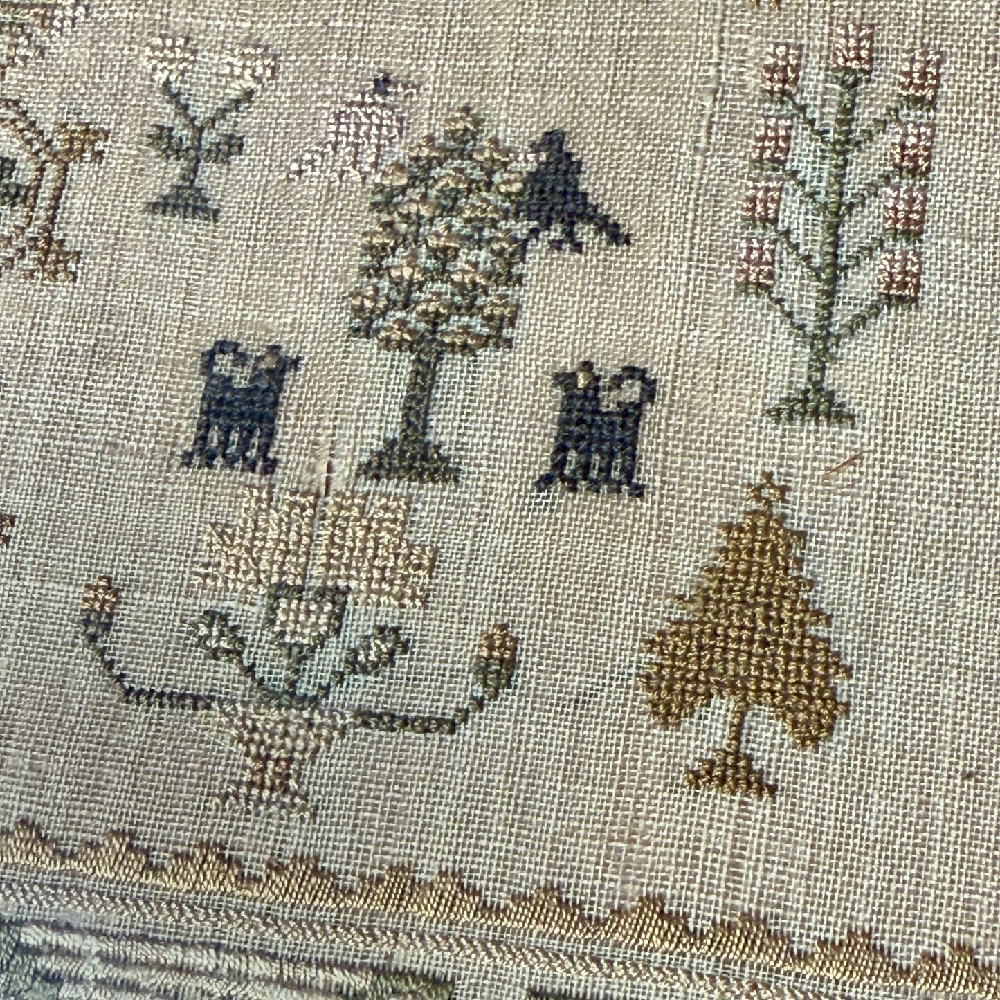 Late 18th - Early 19th Century Silk on Linen English Sampler in Wood Frame