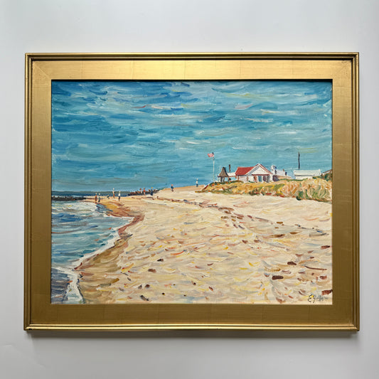 Edmund Jordan Sunset Beach Flag Salute September Afternoon Cape May Seascape Oil Painting in Gold Frame