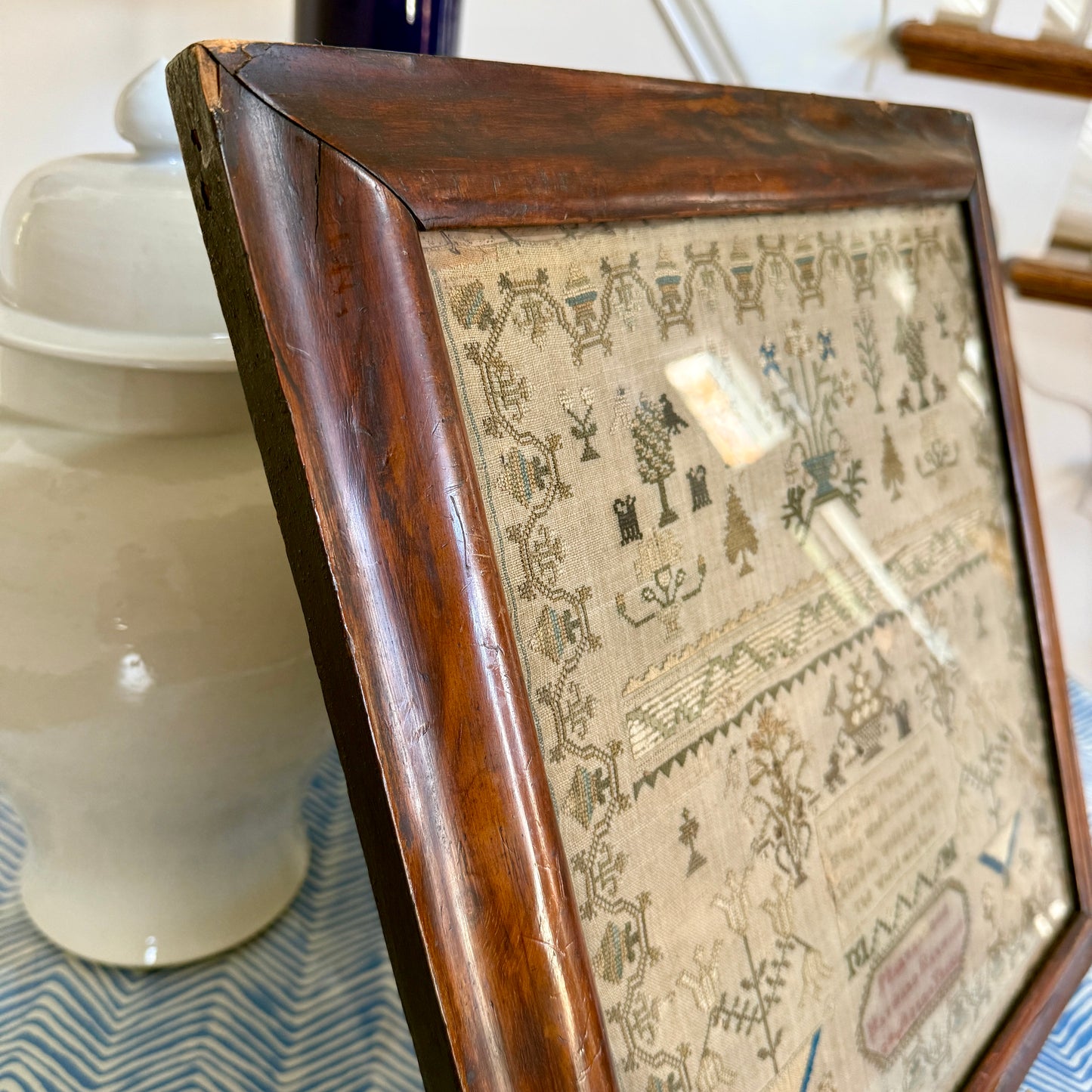 Late 18th - Early 19th Century Silk on Linen English Sampler in Wood Frame