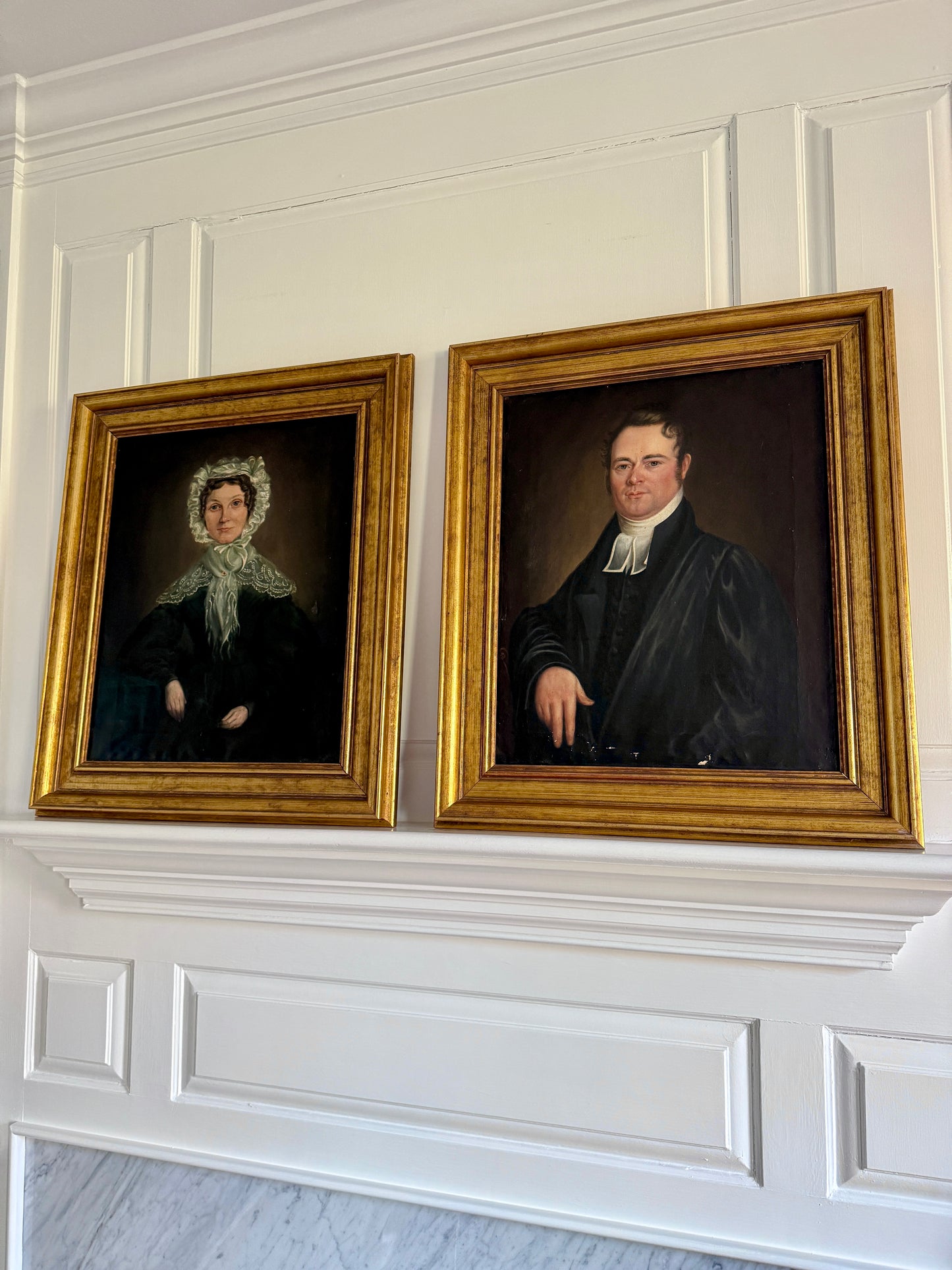 19th Century Husband and Wife Portrait Pair Oil Painting in Gold Frames