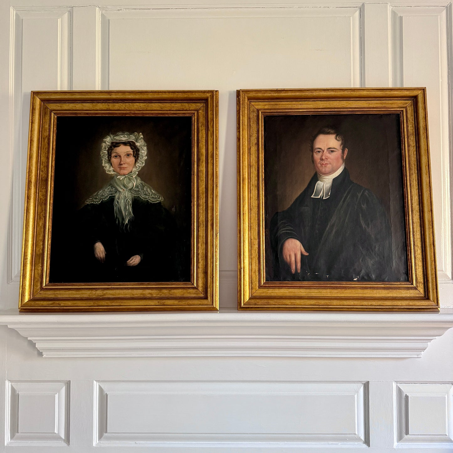 19th Century Husband and Wife Portrait Pair Oil Painting in Gold Frames