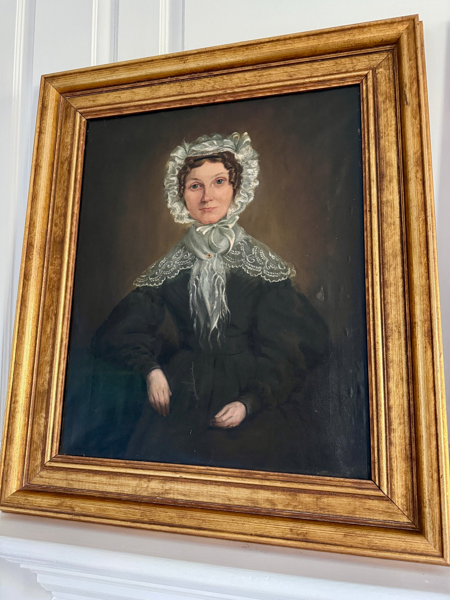 19th Century Husband and Wife Portrait Pair Oil Painting in Gold Frames