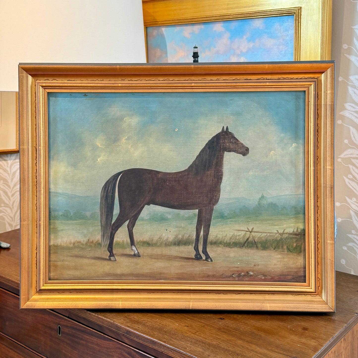 19th Century Horse Equine Portrait Oil Painting in Gold Farme