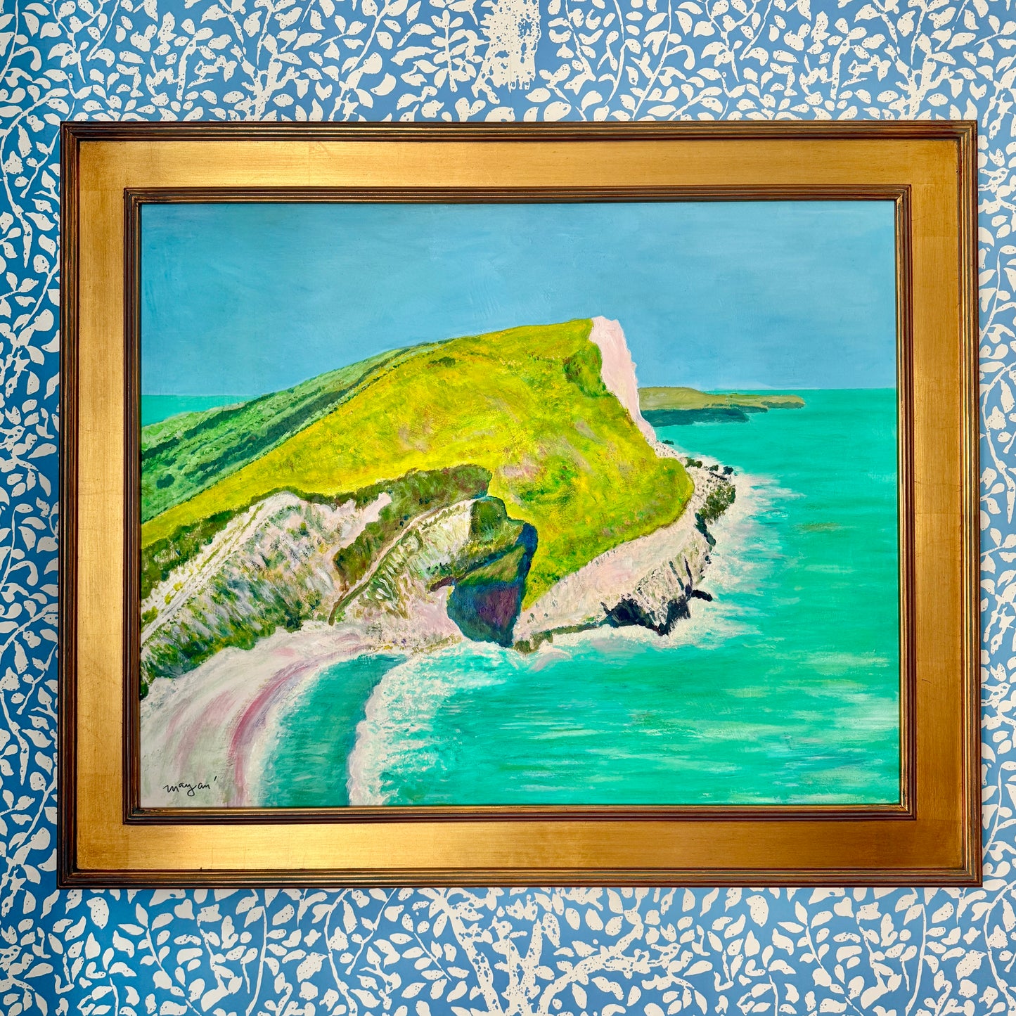 Earl Mayan The Pacific Southern California Coast Seascape Oil Painting in Gold Frame