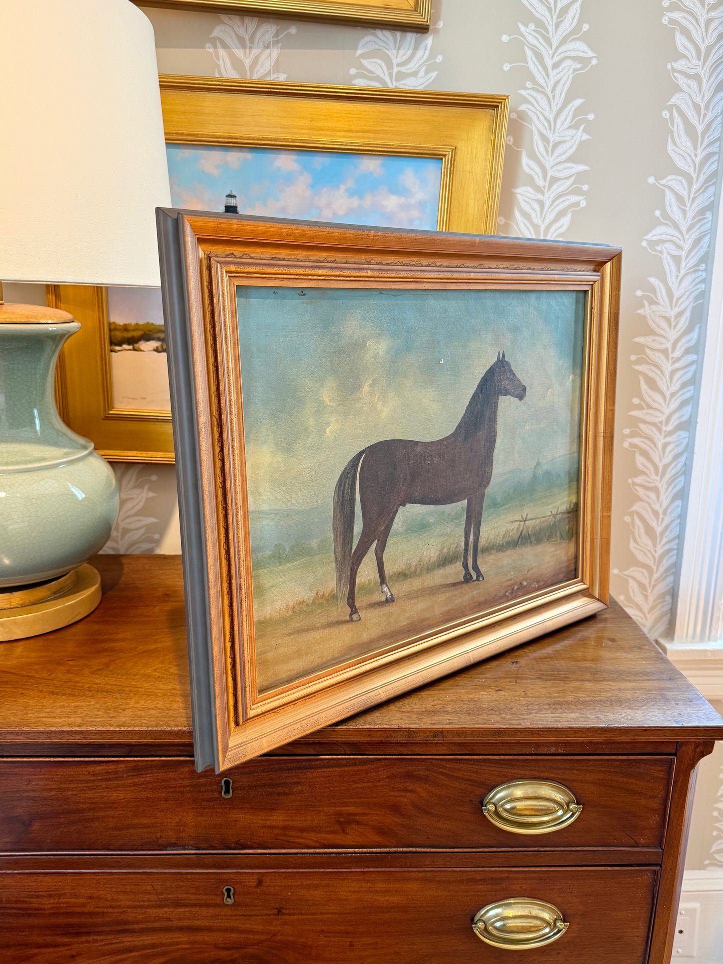 19th Century Horse Equine Portrait Oil Painting in Gold Farme