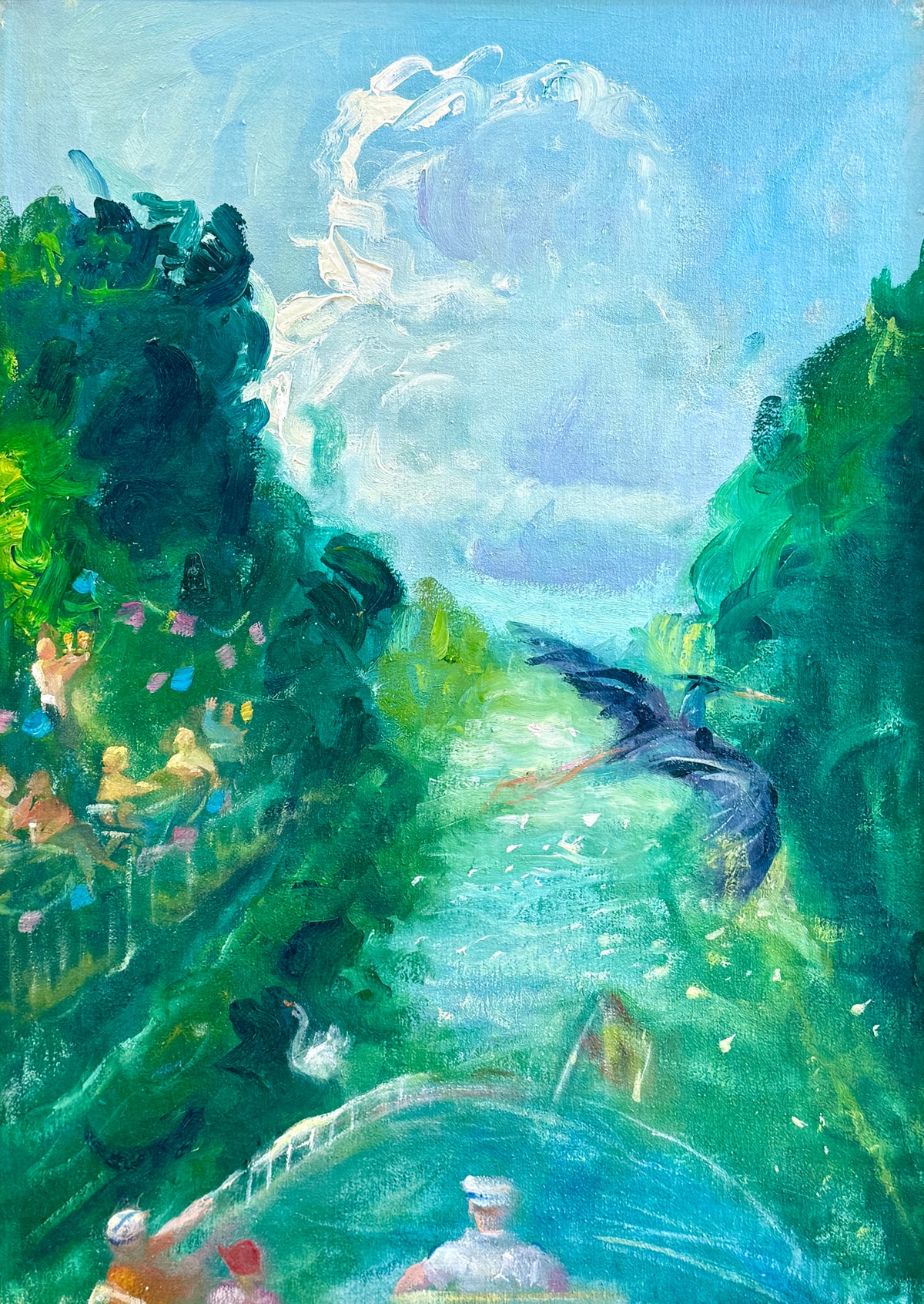 Summer Fête on the Waterway Oil Painting in Gold Frame