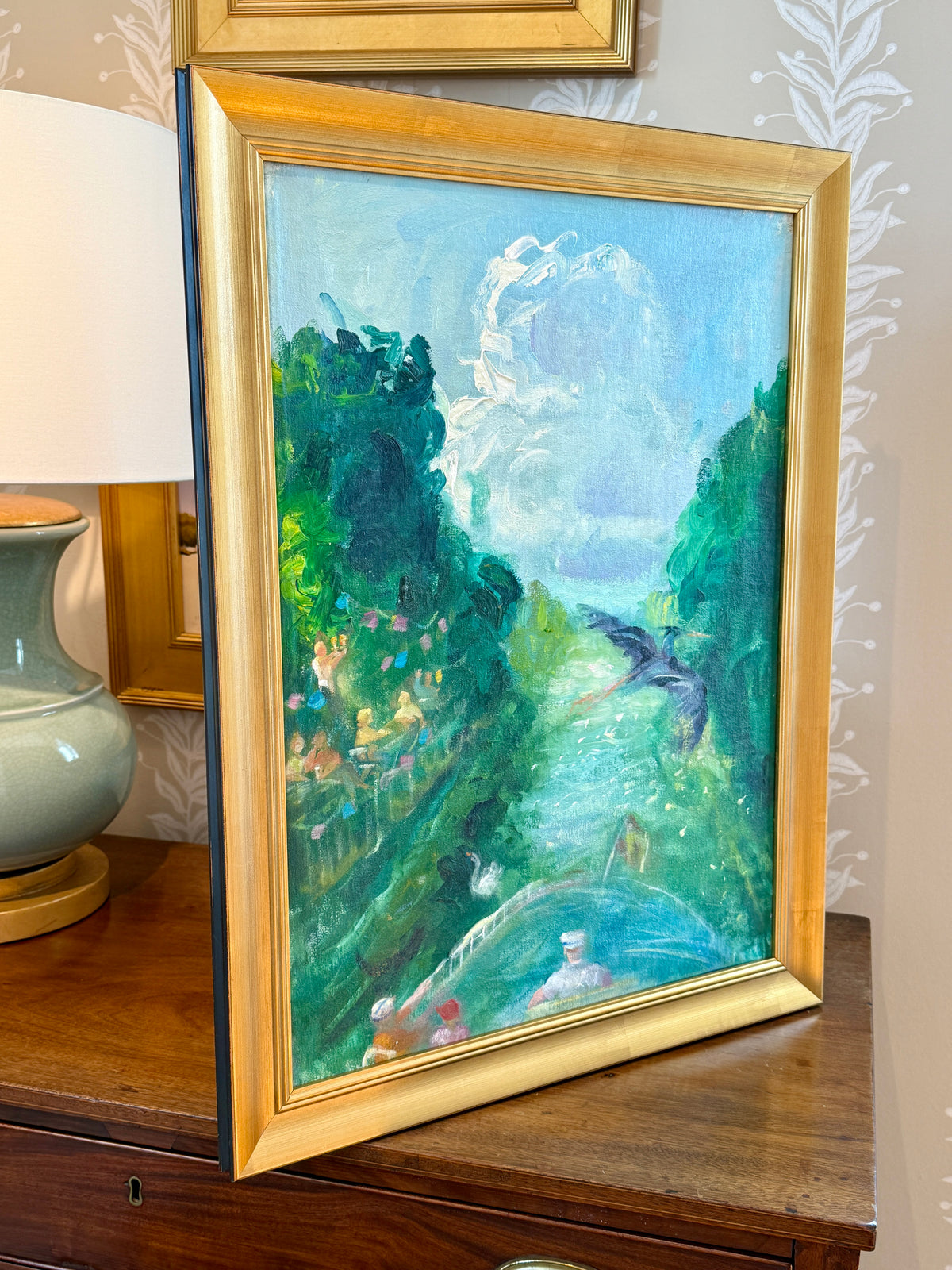 Summer Fête on the Waterway Oil Painting in Gold Frame