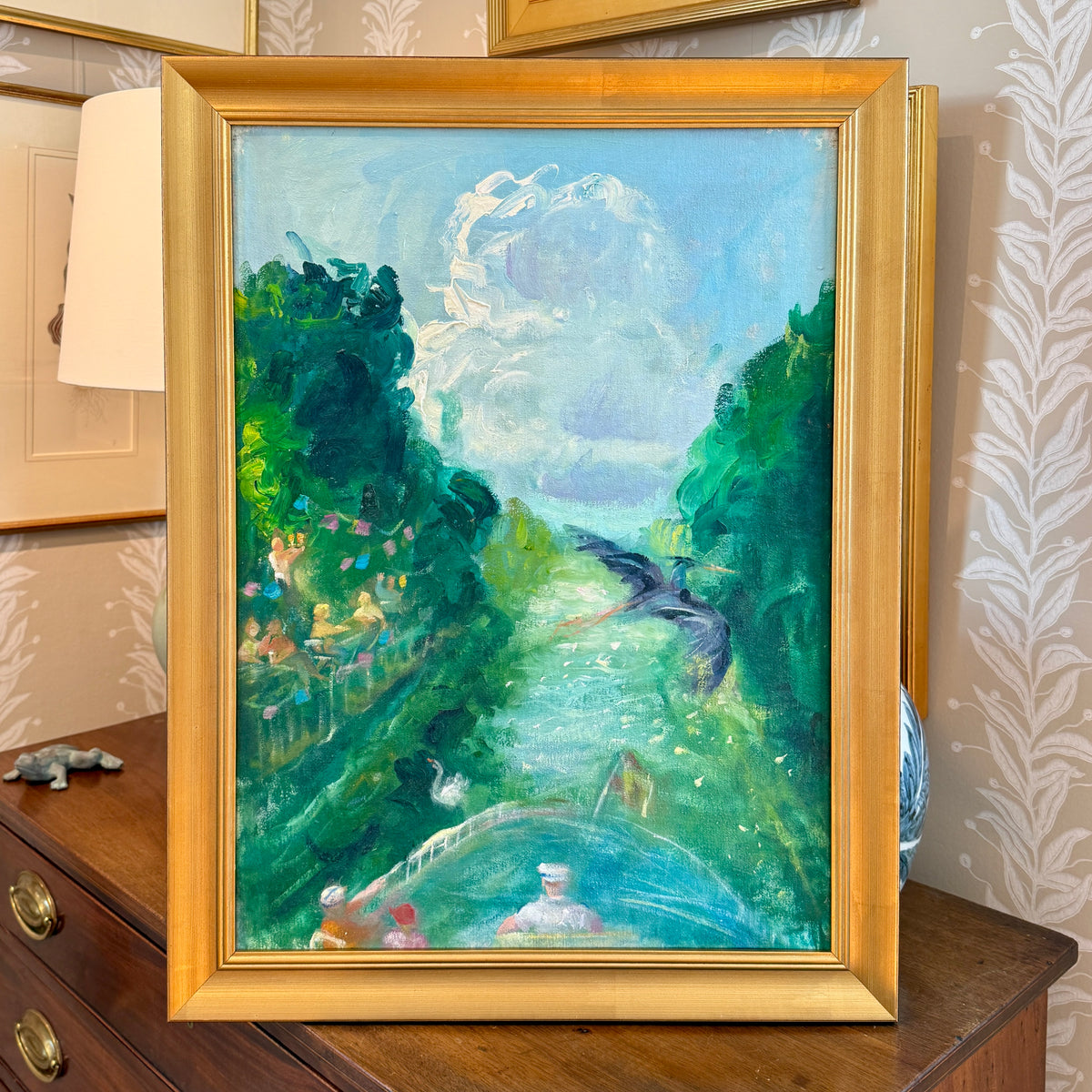 Summer Fête on the Waterway Oil Painting in Gold Frame