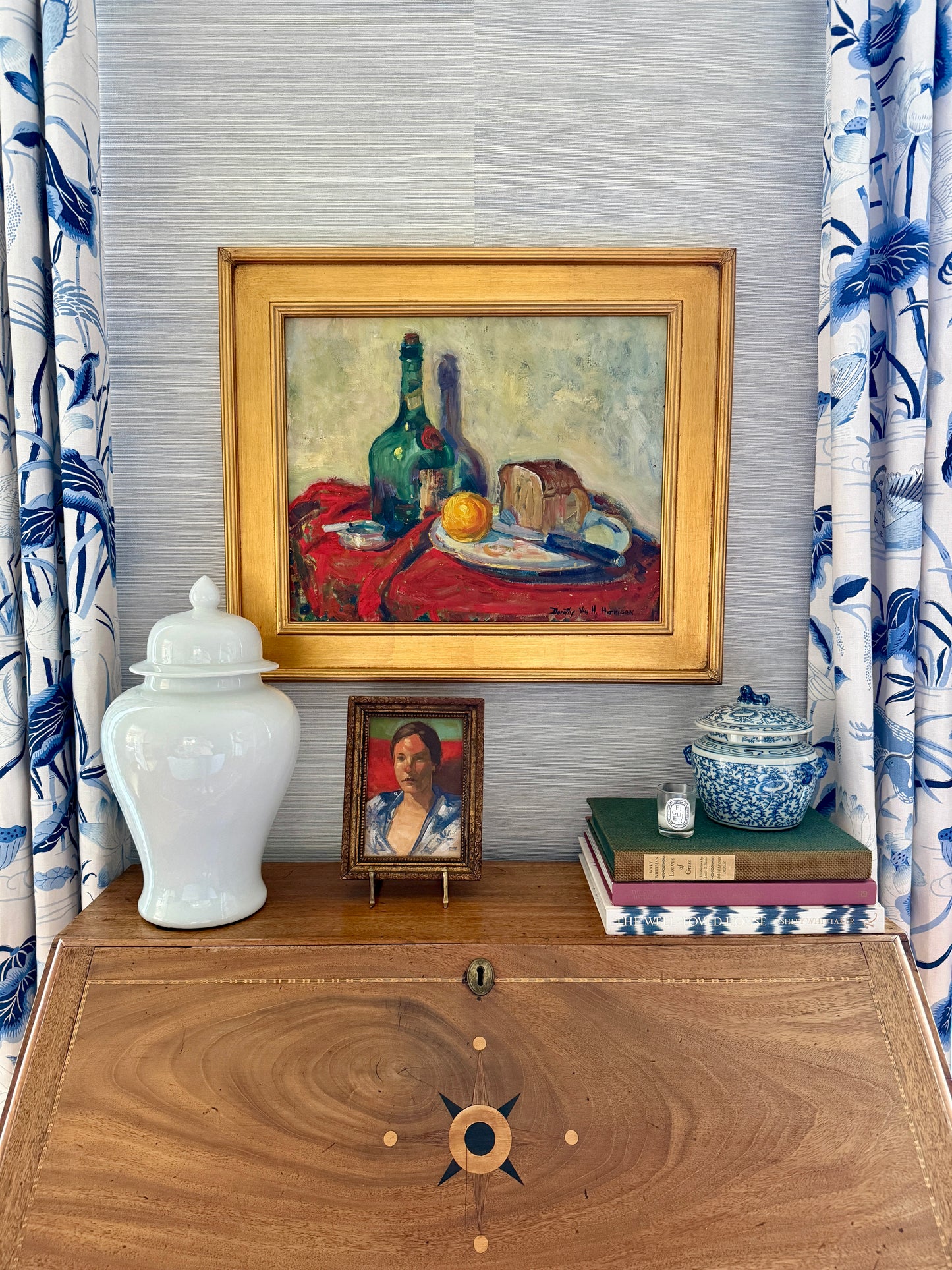 Dorothy Van Houten Harrison Stil Life Cigarette and Gin Oil Painting in Gold Frame