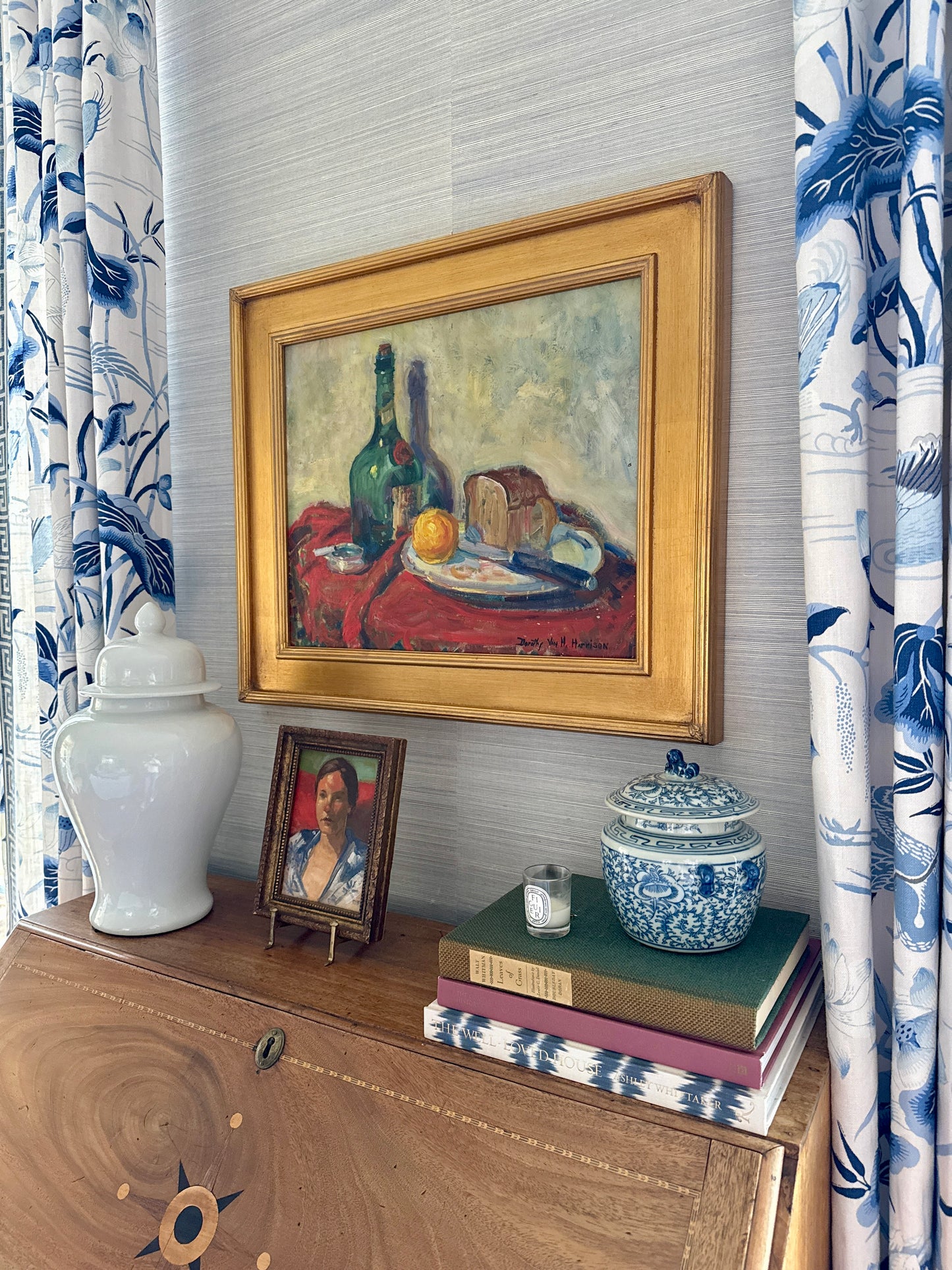 Dorothy Van Houten Harrison Stil Life Cigarette and Gin Oil Painting in Gold Frame